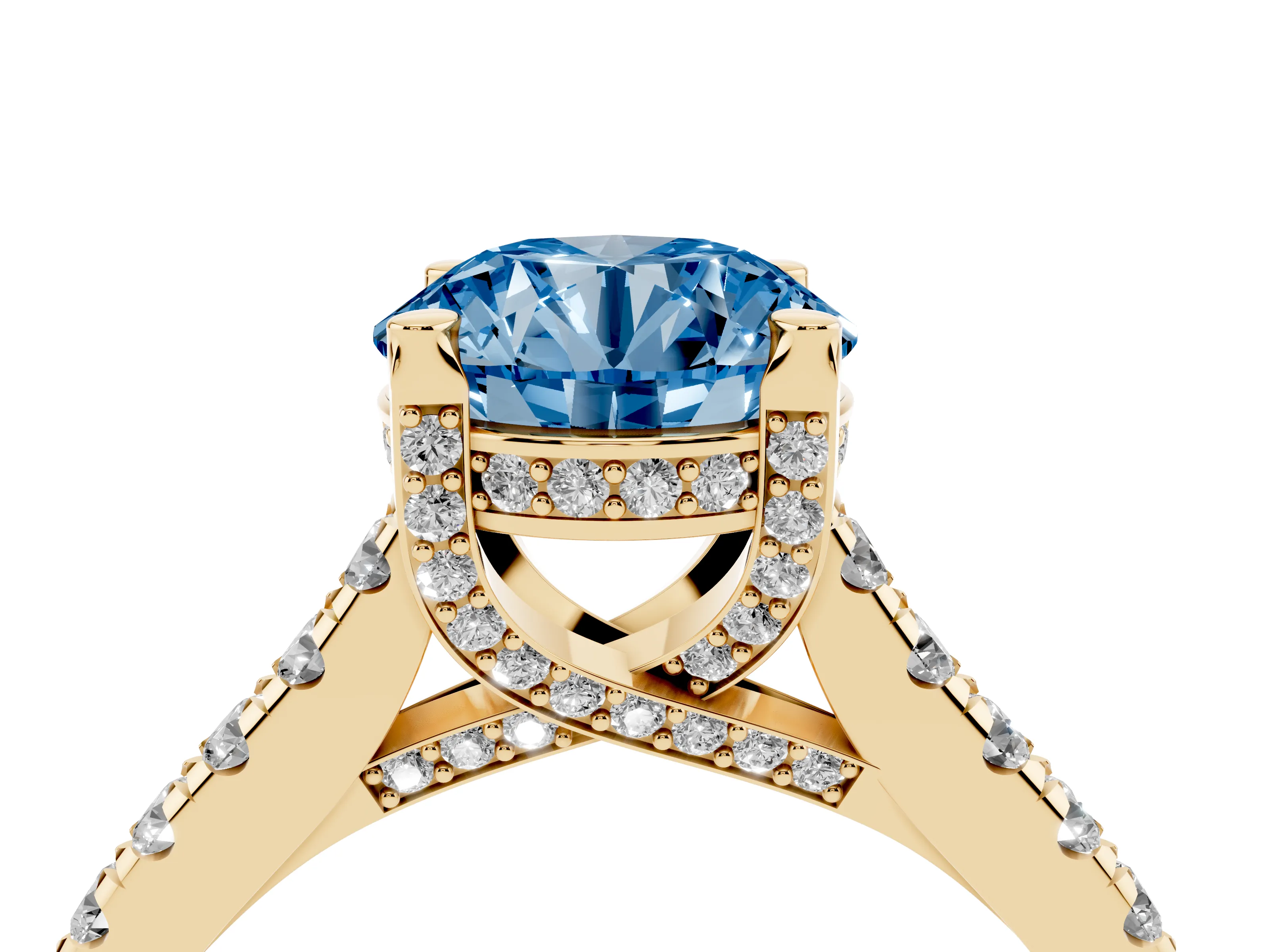 Fancy Blue Round Cut Diamond Solitaire Ring Set in Yellow gold with Brilliant Pavé Band and Prong Setting
