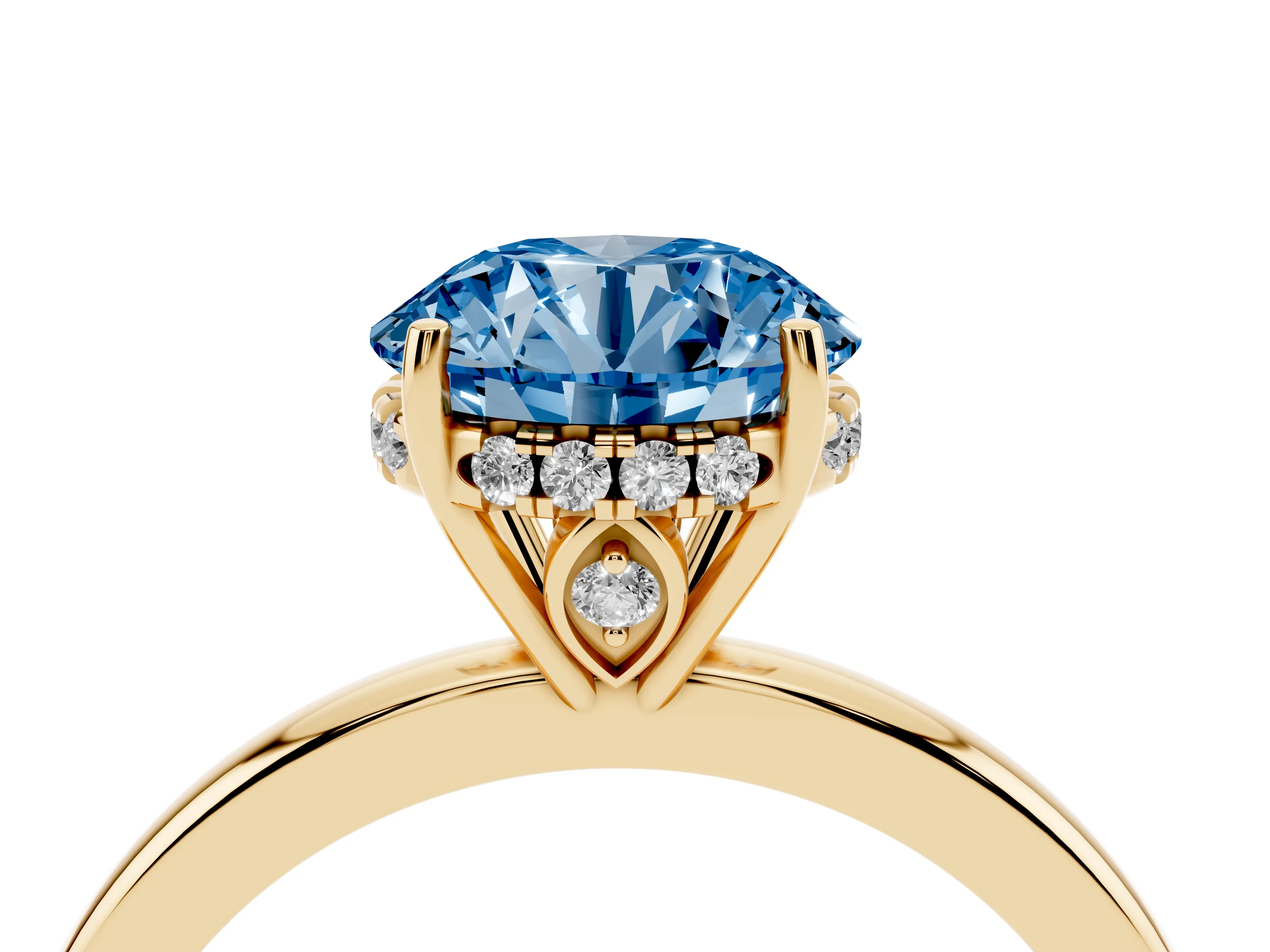 Fancy Blue Round Cut Diamond Solitaire Ring Set in Yellow gold with Plain Band and Prong Setting