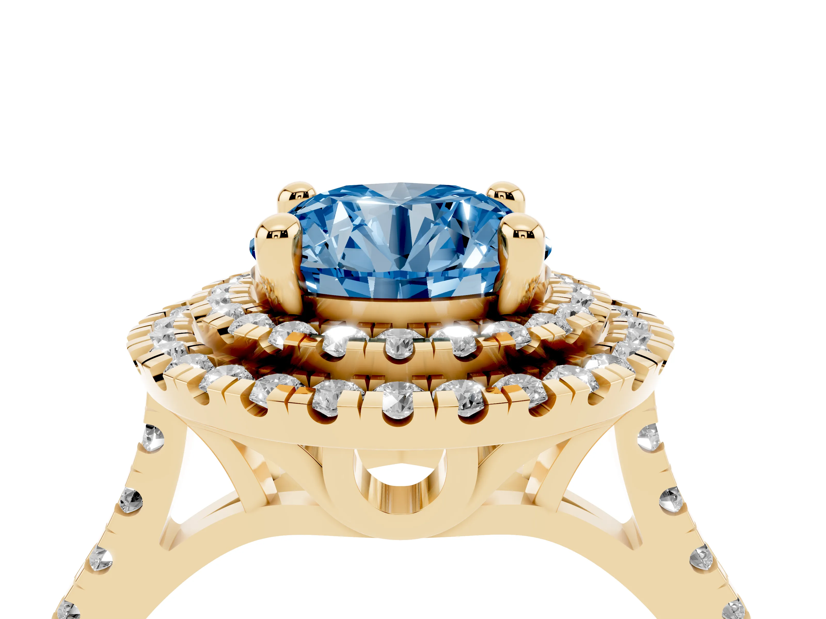 Fancy Blue Round Cut Diamond Double Halo Statement Ring Set in Yellow gold with Pavé Band