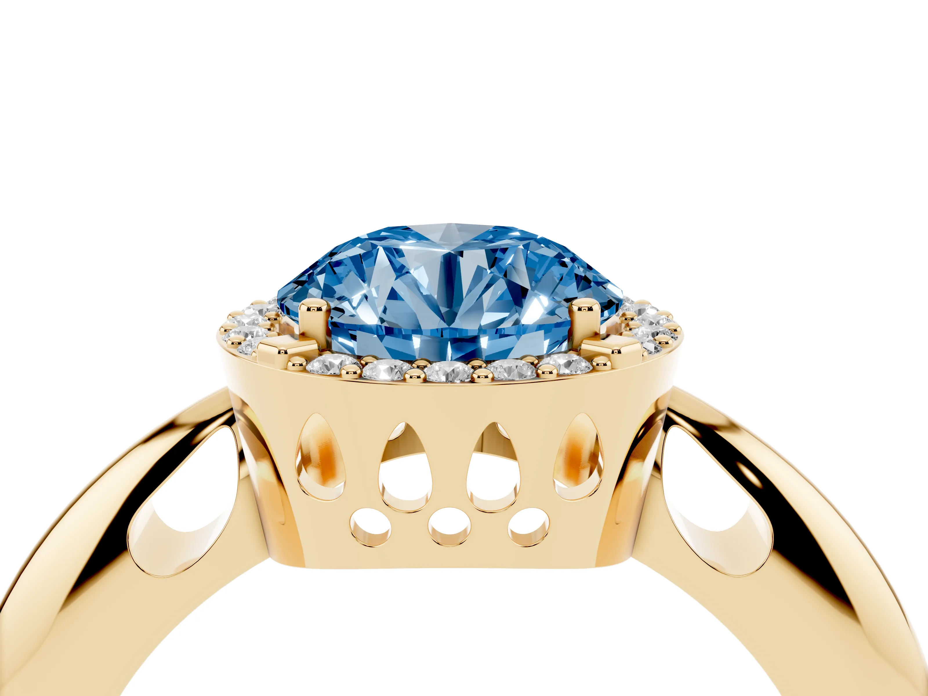 Fancy Blue Round Cut Diamond Halo Engagement Ring Set in Yellow gold with Plain Split Shank and Prong Setting
