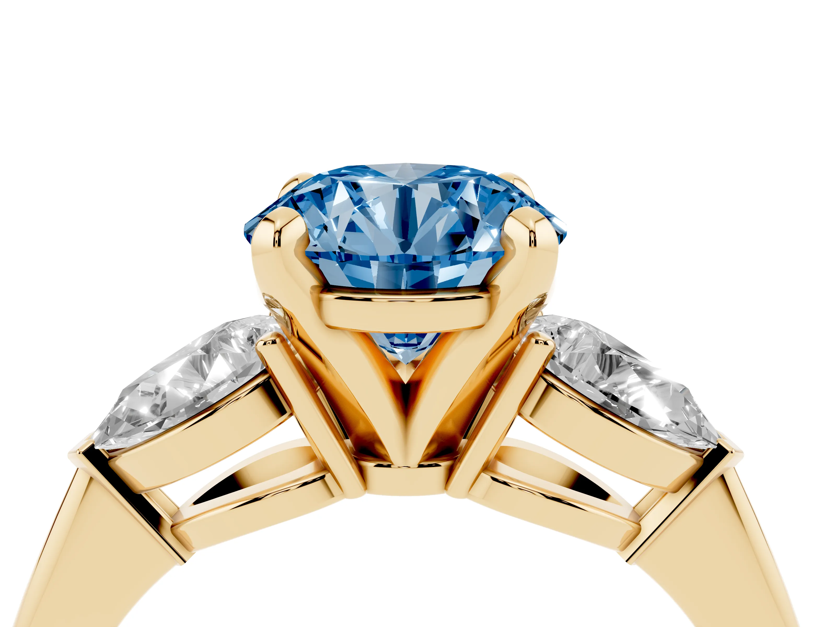 Fancy Blue Three-Stone Round Cut Diamond Ring Set in Yellow gold with Pear Side Stones and Prong Setting