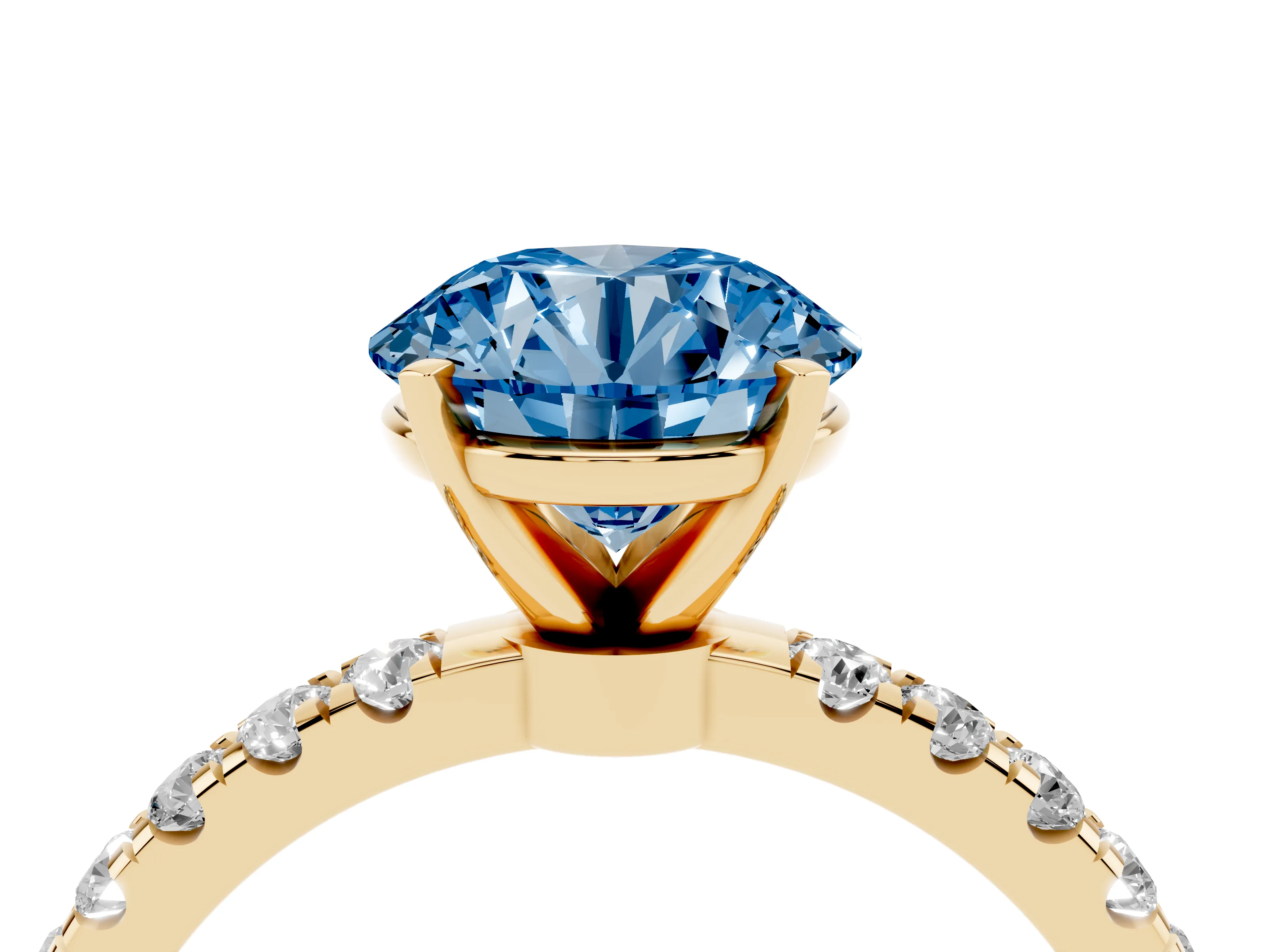 Fancy Blue Round Cut Diamond Solitaire Ring Set in Yellow gold with Pavé Accents and Prong Setting