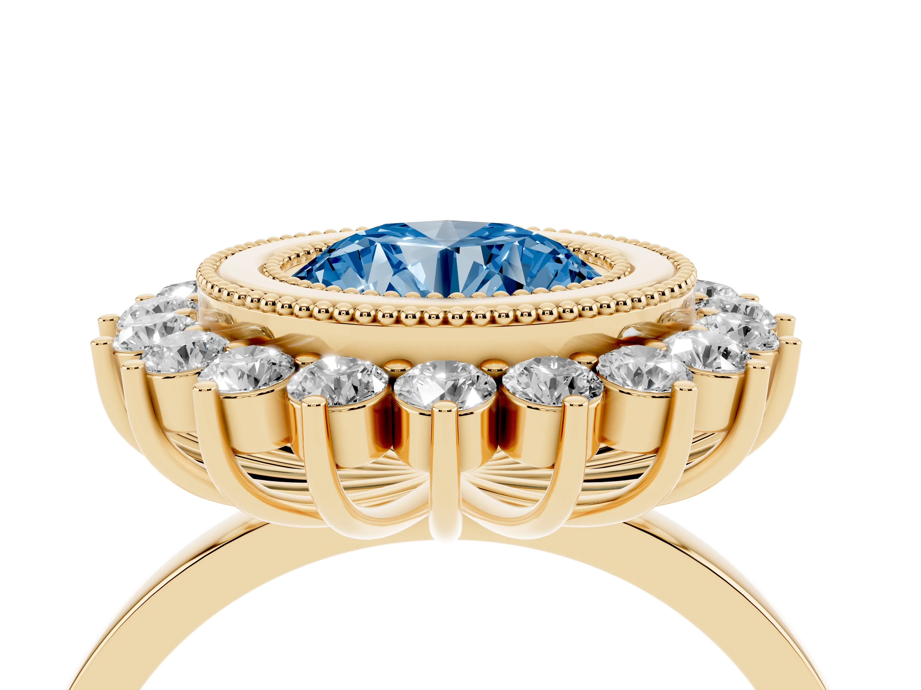 Fancy Blue Round Cut Diamond Halo Ring Set in Yellow gold with Milgrain Edge and Round Prong Setting
