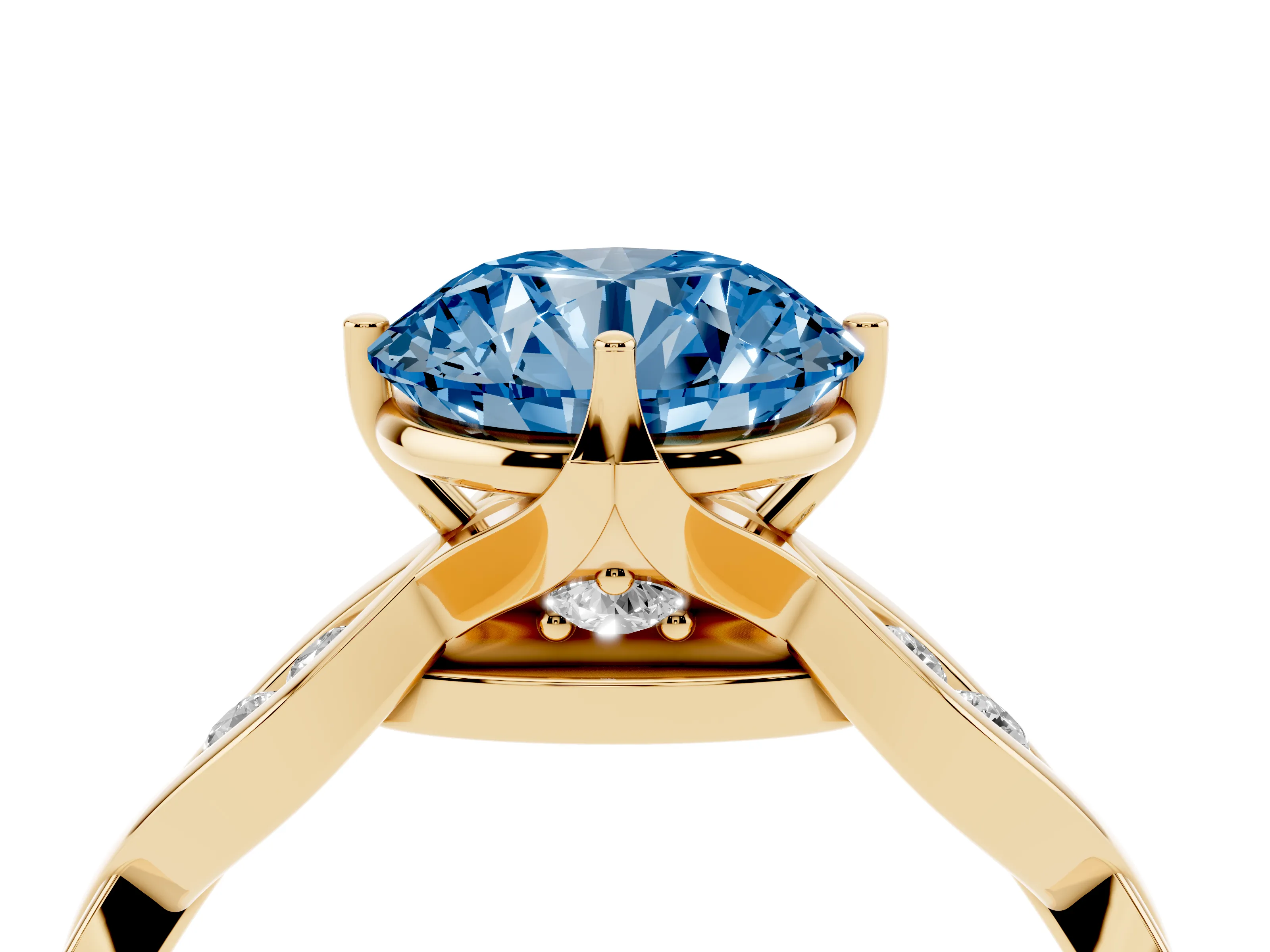 Fancy Blue Round Cut Diamond Twist Band Solitaire Ring Set in Yellow gold with Leaf Prong Setting and Accent Stones