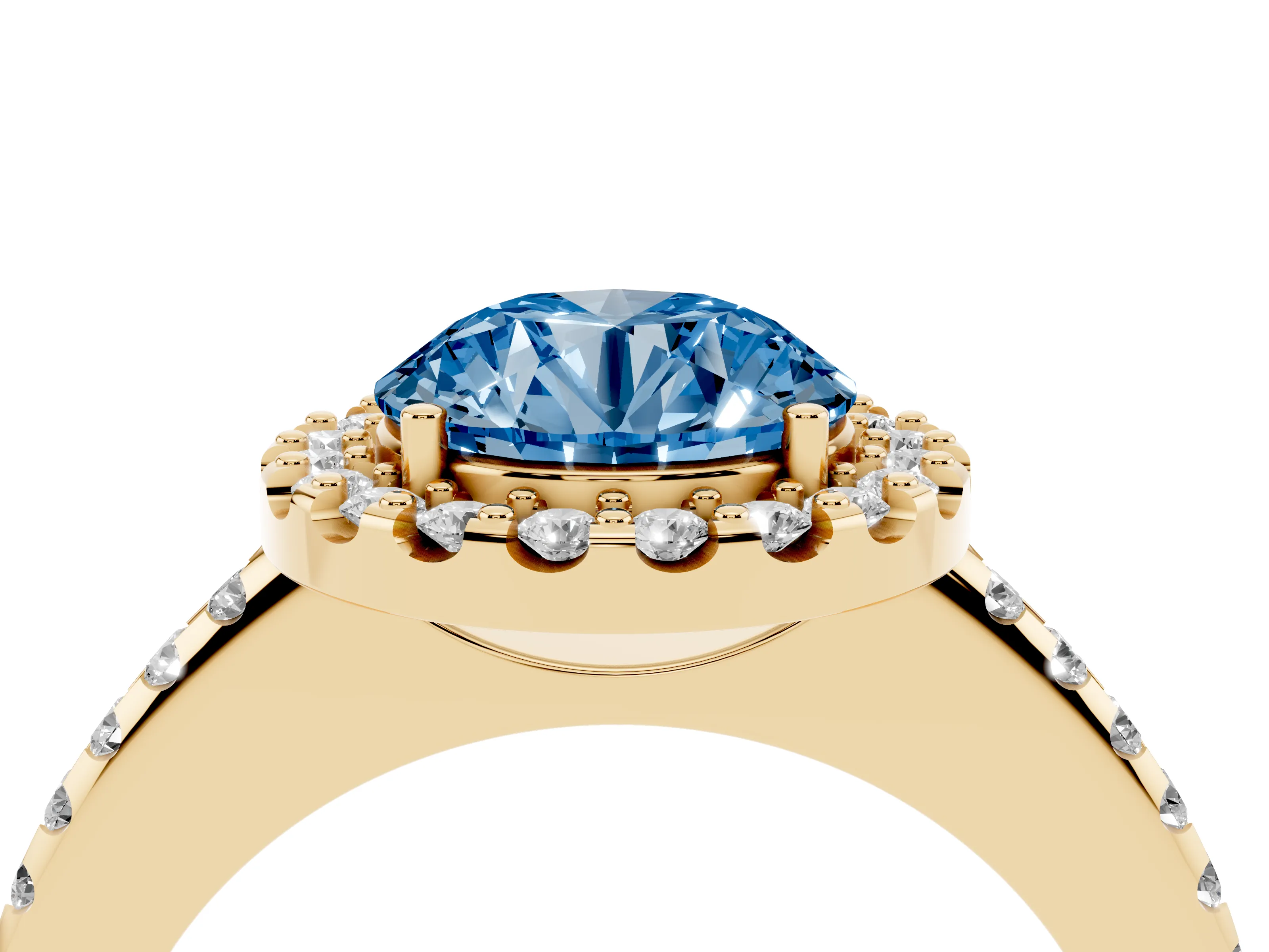 Fancy Blue Round Cut Diamond Pavé Halo Ring Set in Yellow gold with Prong Setting