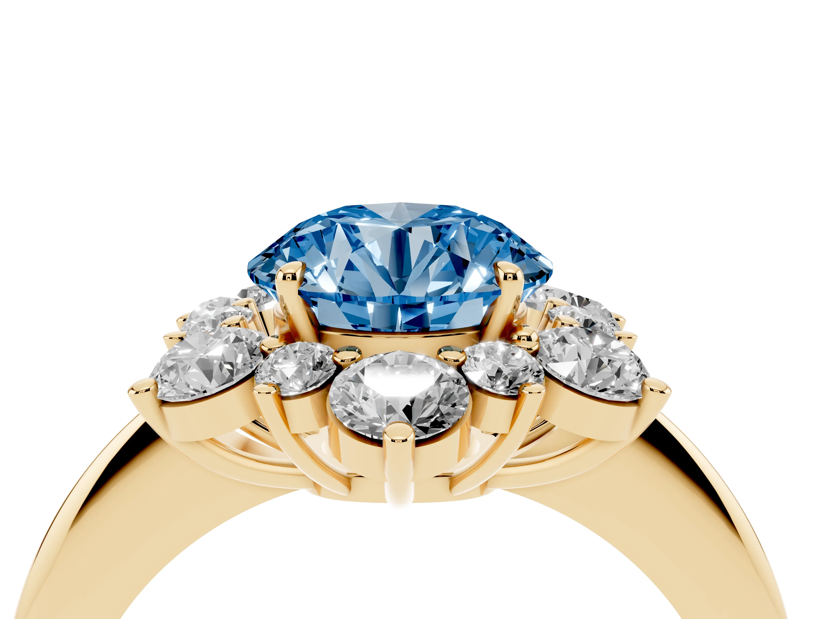 Fancy Blue Round Cut Diamond Cluster Halo Ring Set in Yellow gold with Solitaire Band and Prong Setting