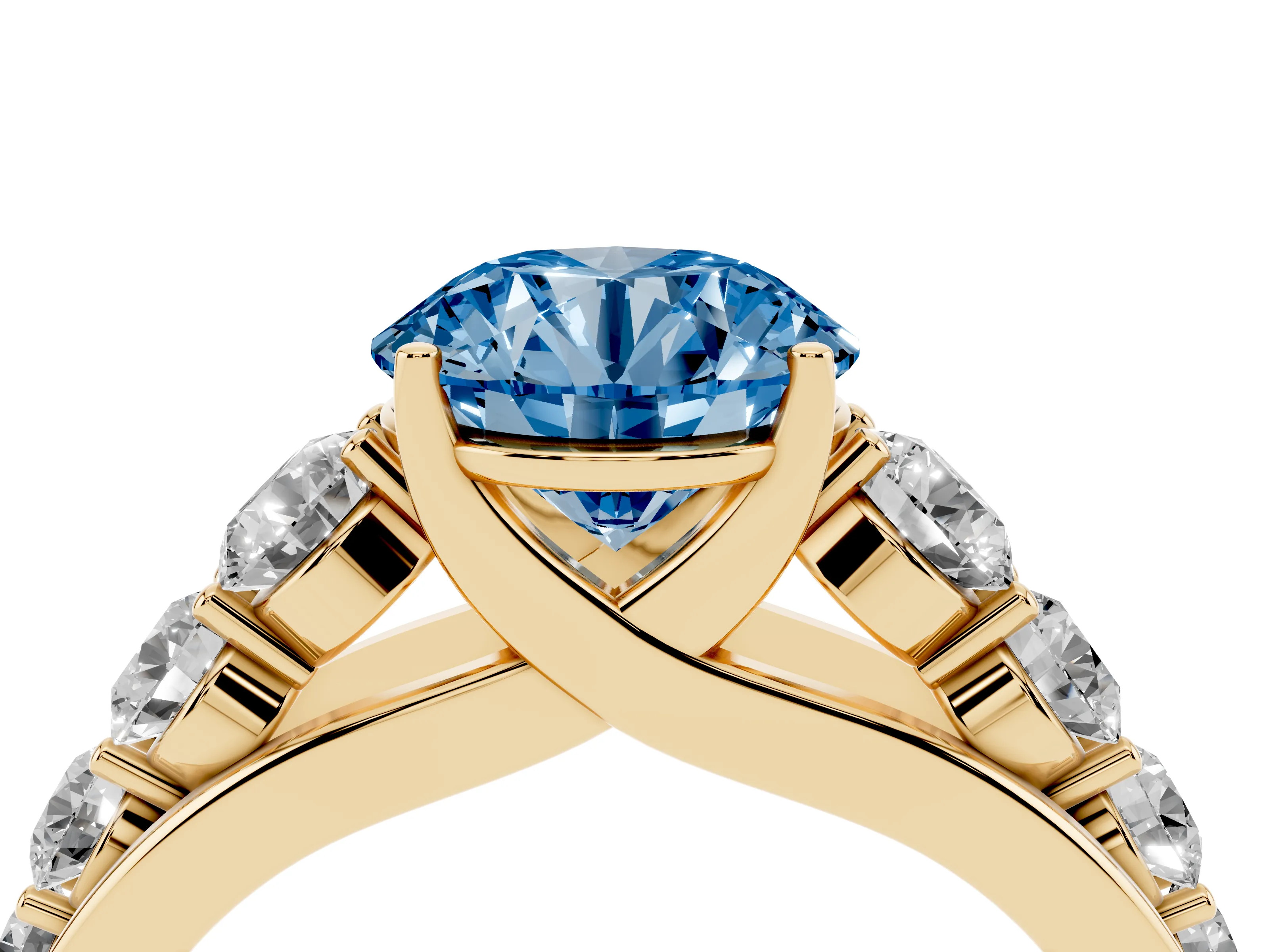 Fancy Blue Round Cut Diamond Solitaire Ring Set in Yellow gold with Pavé-Set Band and Prong Setting