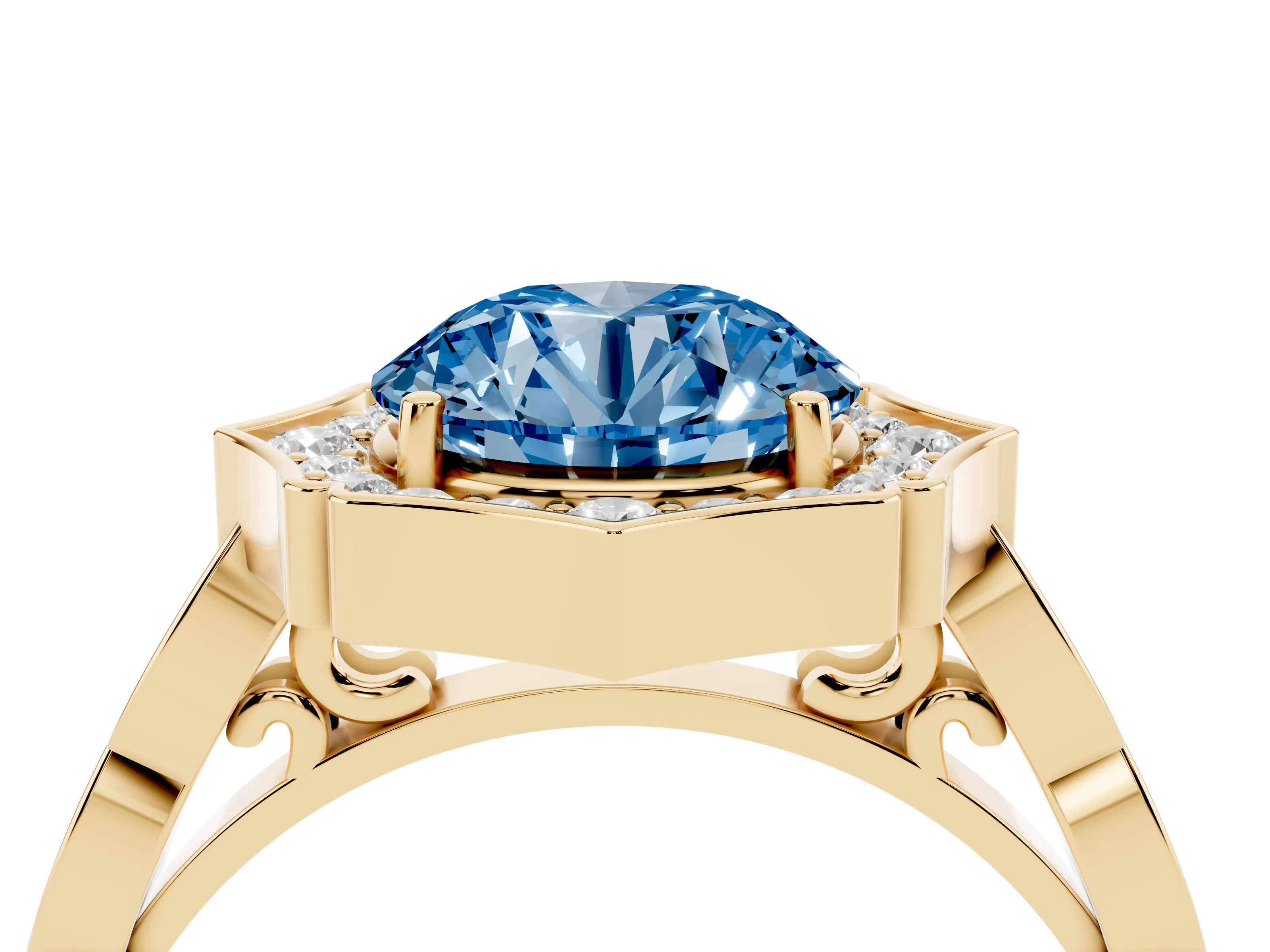 Fancy Blue Round Cut Diamond Halo Engagement Ring Set in Yellow gold with Milgrain Band and Prong Setting