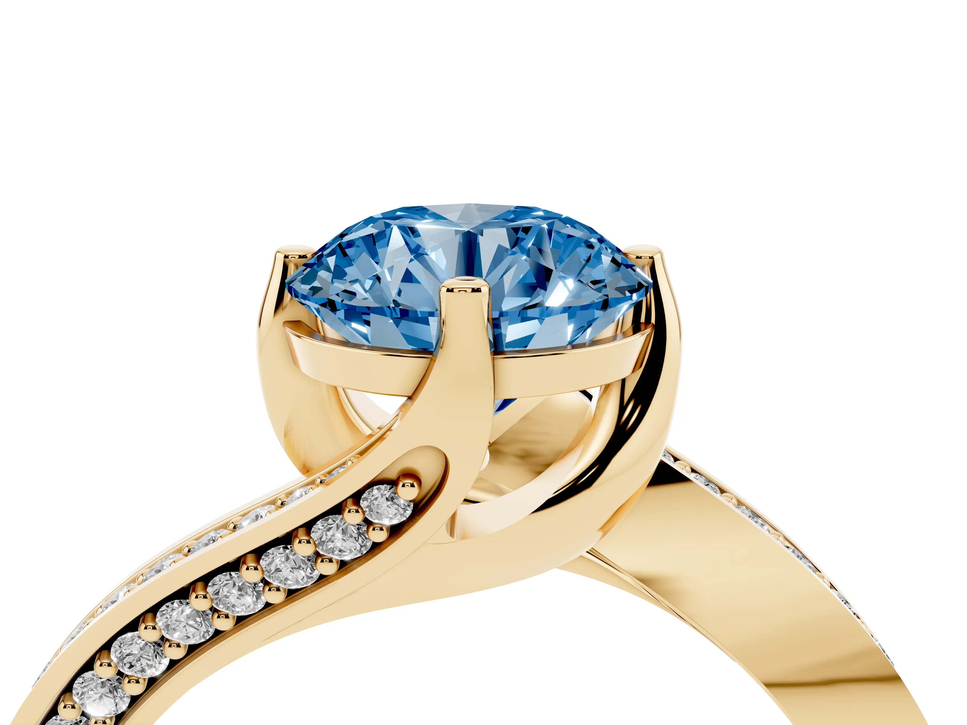 Fancy Blue Round Cut Diamond Solitaire Ring Set in Yellow gold with Intertwined Pavé Twist Band