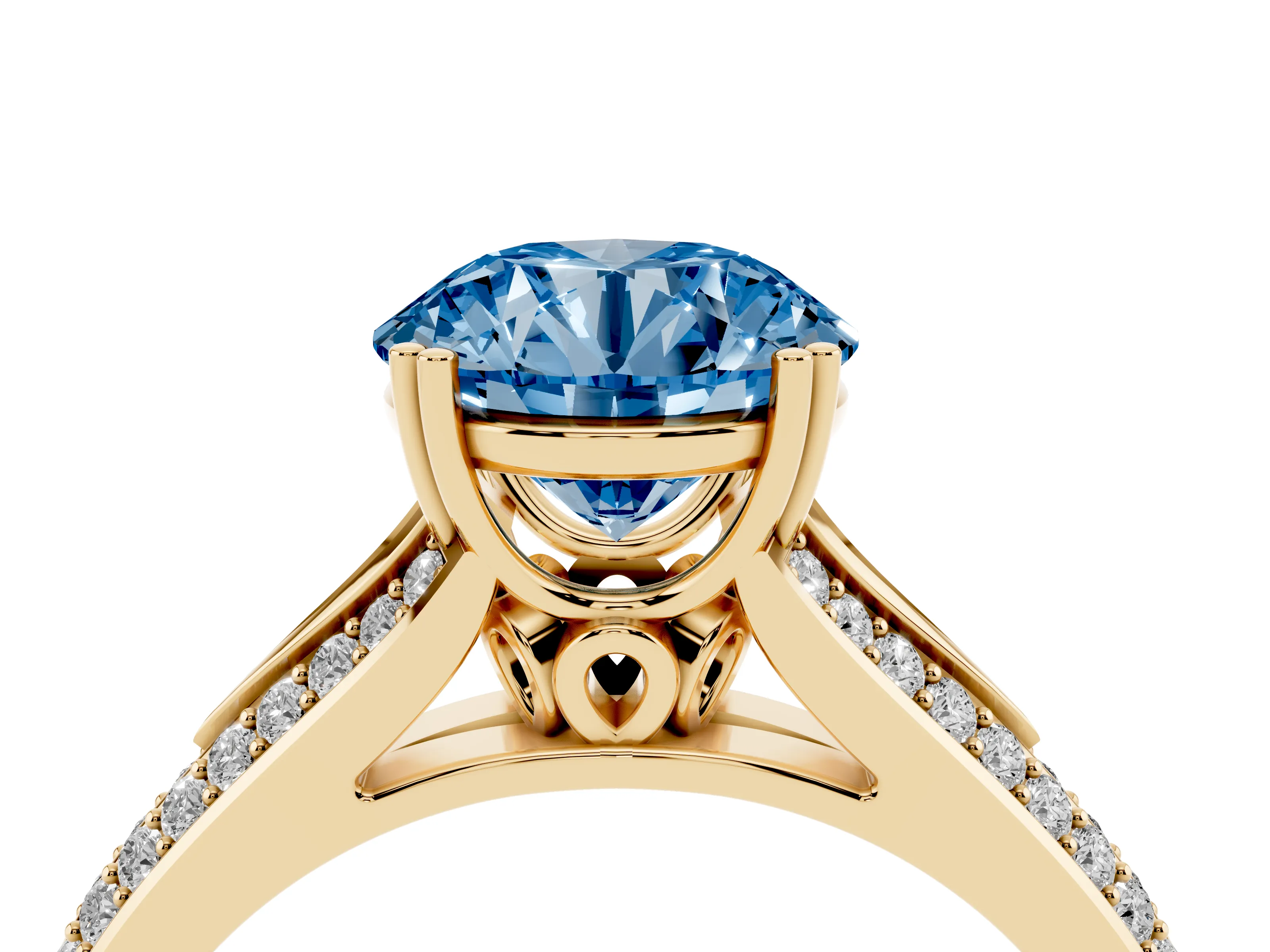 Fancy Blue Round Cut Diamond Split Shank Pavé Engagement Ring Set in Yellow gold with Prong-Set Center Stone