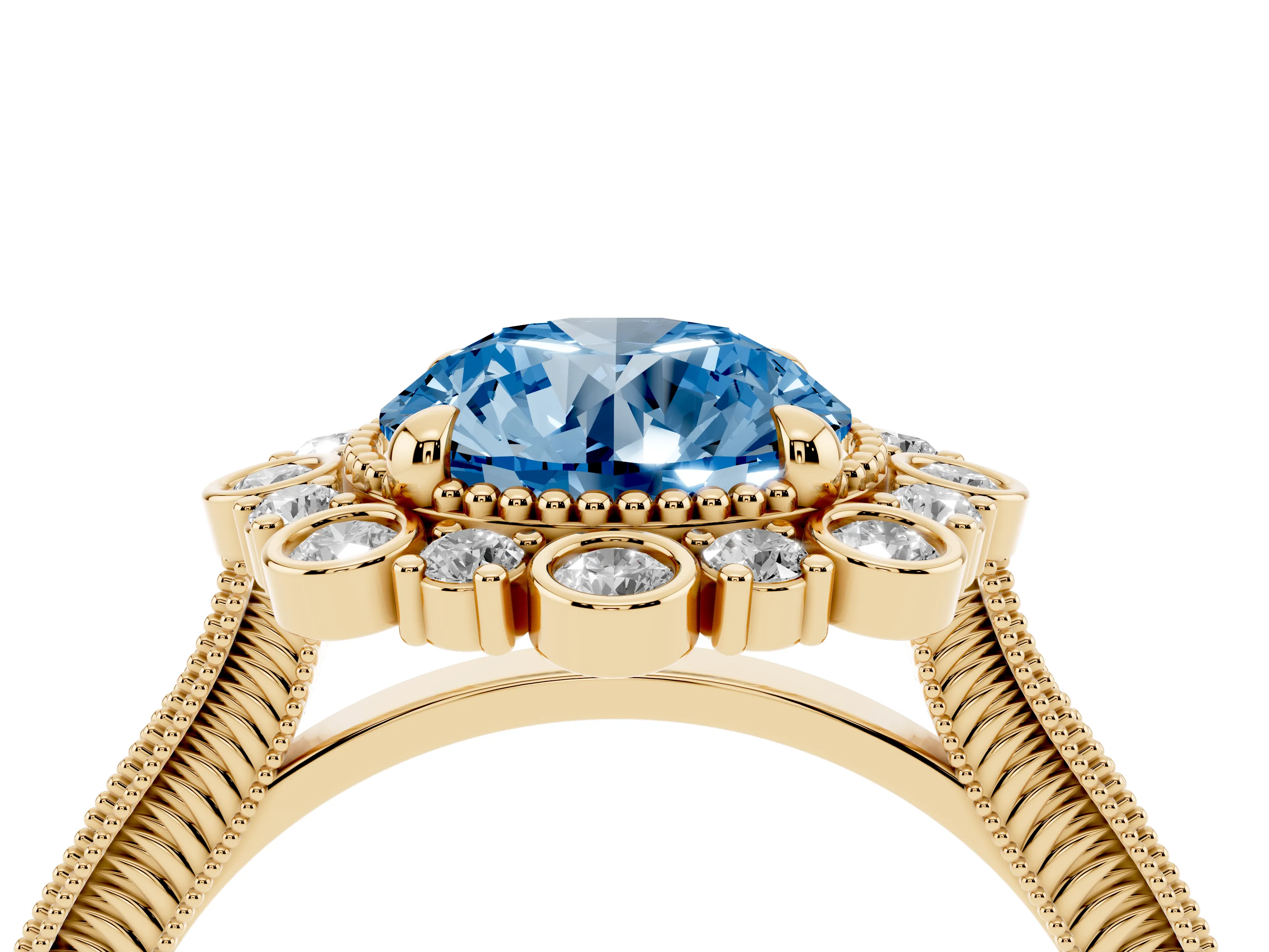 Fancy Blue Round Cut Diamond Halo Milgrain Pavé Ring Set in Yellow gold with Prong Setting