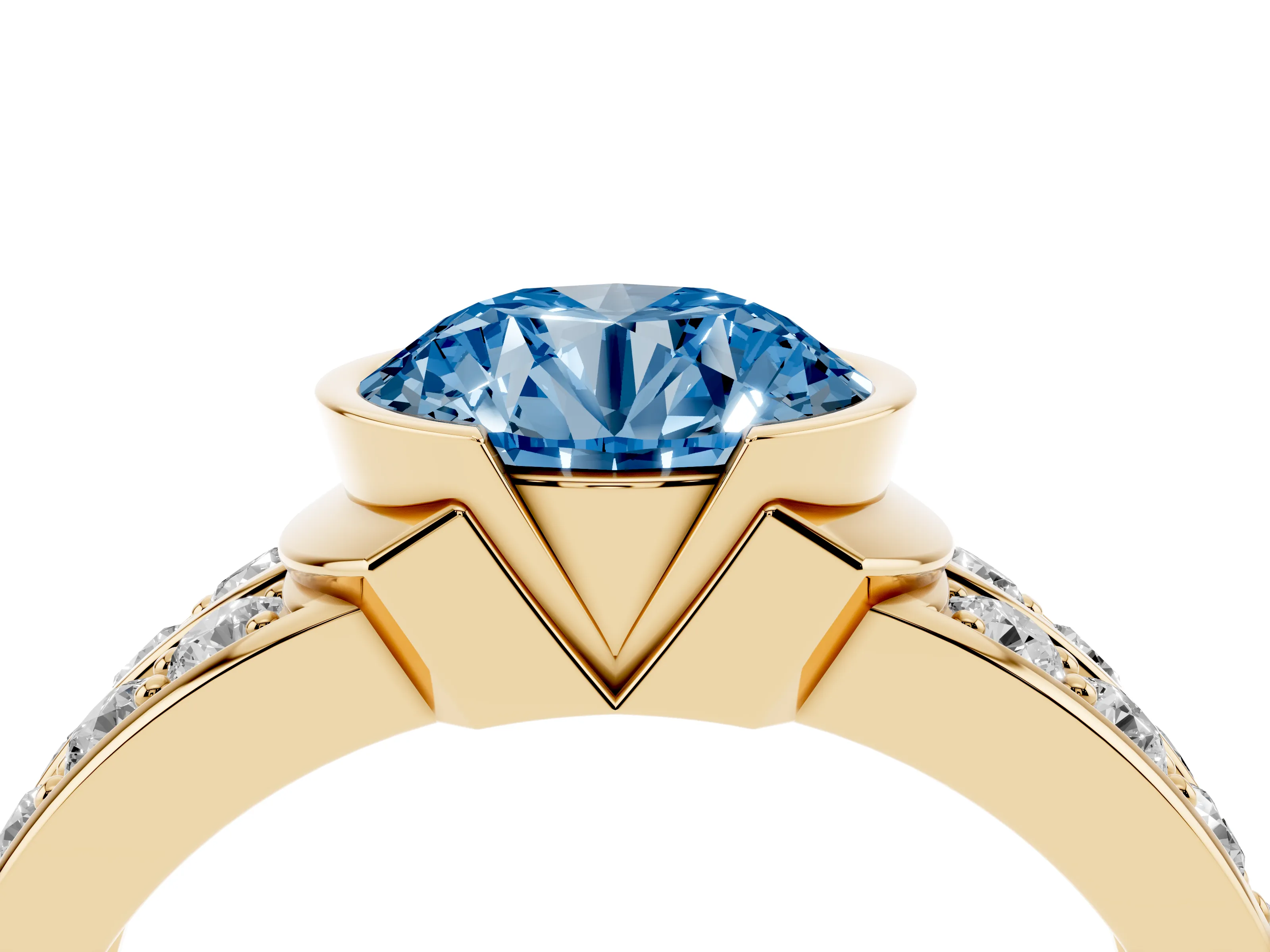 Fancy Blue Round Cut Diamond Wide Channel Set Band Ring Set in Yellow gold with Bezel Setting