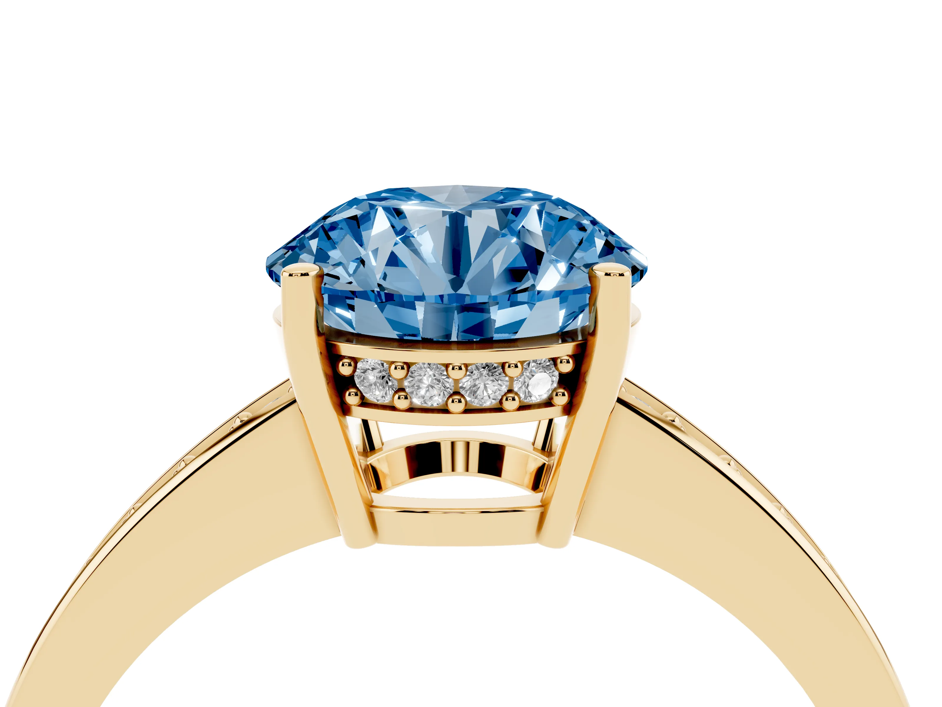 Fancy Blue Round Cut Diamond Pavé Band Prong Set Solitaire Ring Set in Yellow gold