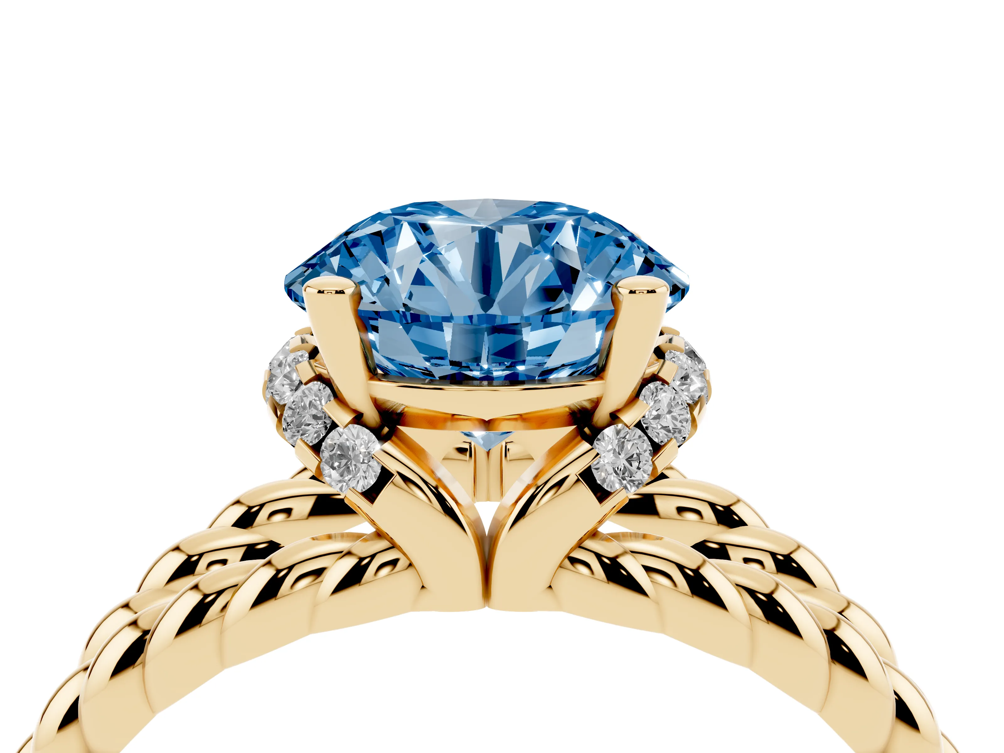 Fancy Blue Round Cut Diamond Halo Ring Set in Yellow gold with Twisted Band and Prong Setting