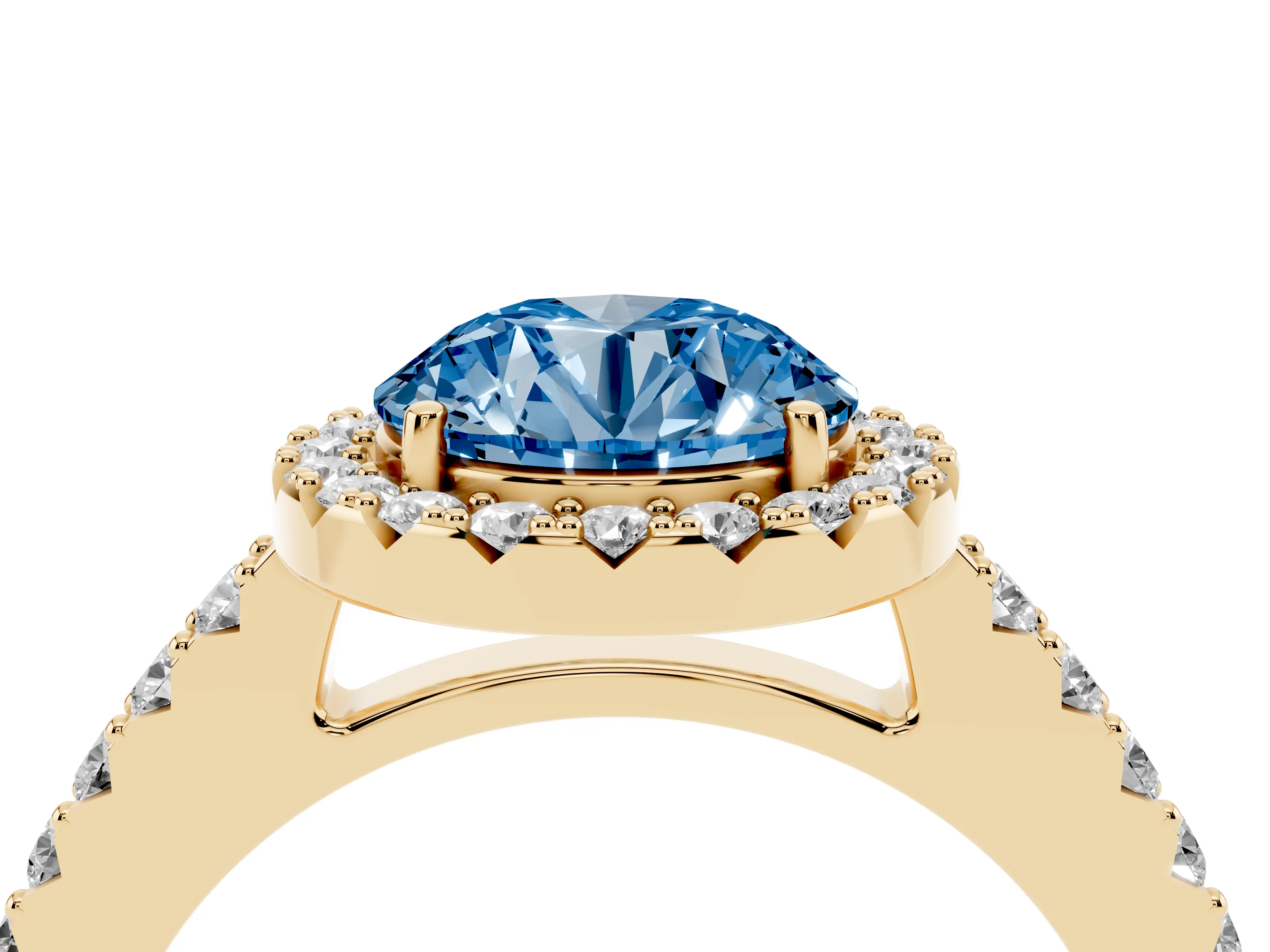 Fancy Blue Round Cut Diamond Halo Pavé Solitaire Ring Set in Yellow gold with Prong-Set Center Stone