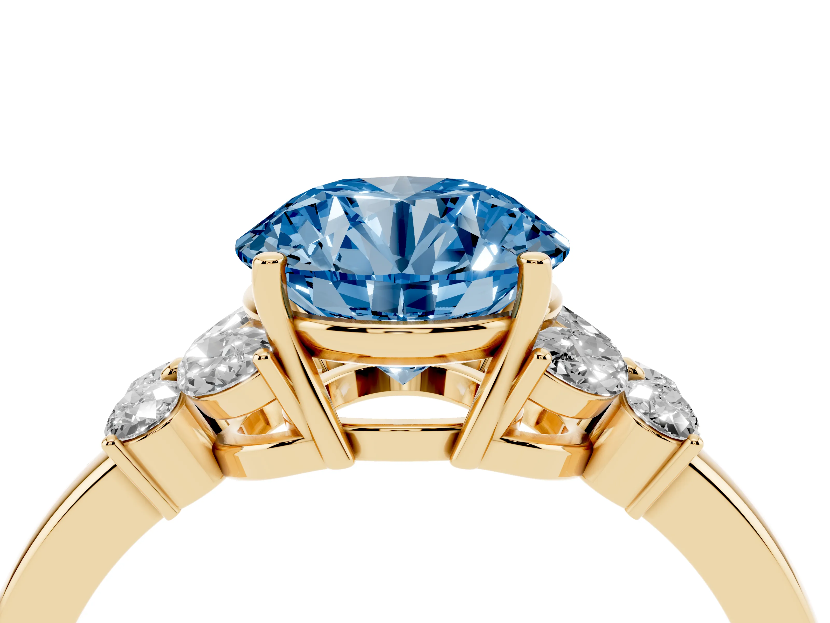 Fancy Blue Round Cut Diamond Solitaire Floral Ring Set in Yellow gold with Marquise Petals and Prong Setting