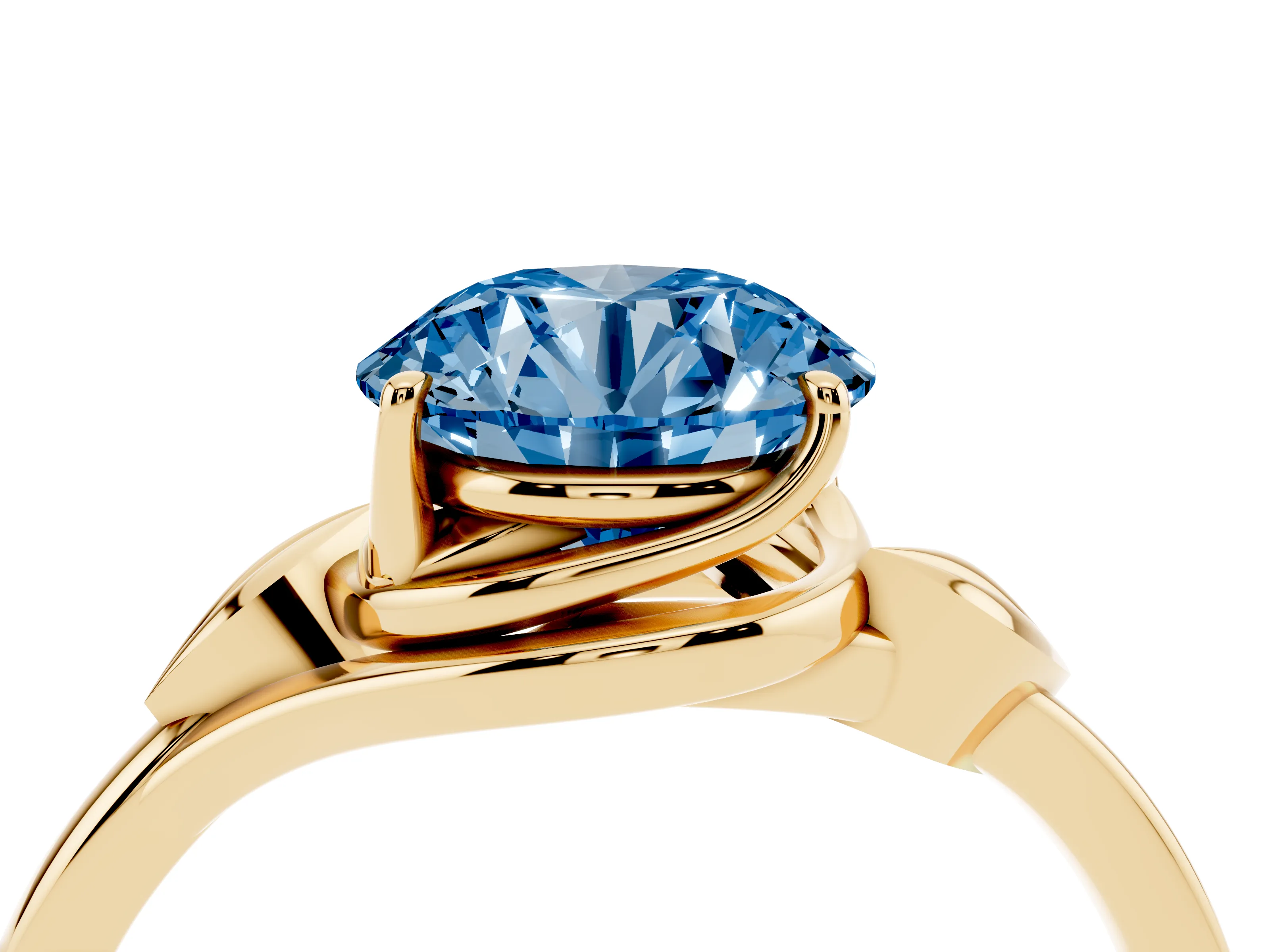 Fancy Blue Round Cut Diamond Solitaire Ring Set in Yellow gold with Polished Twist Band