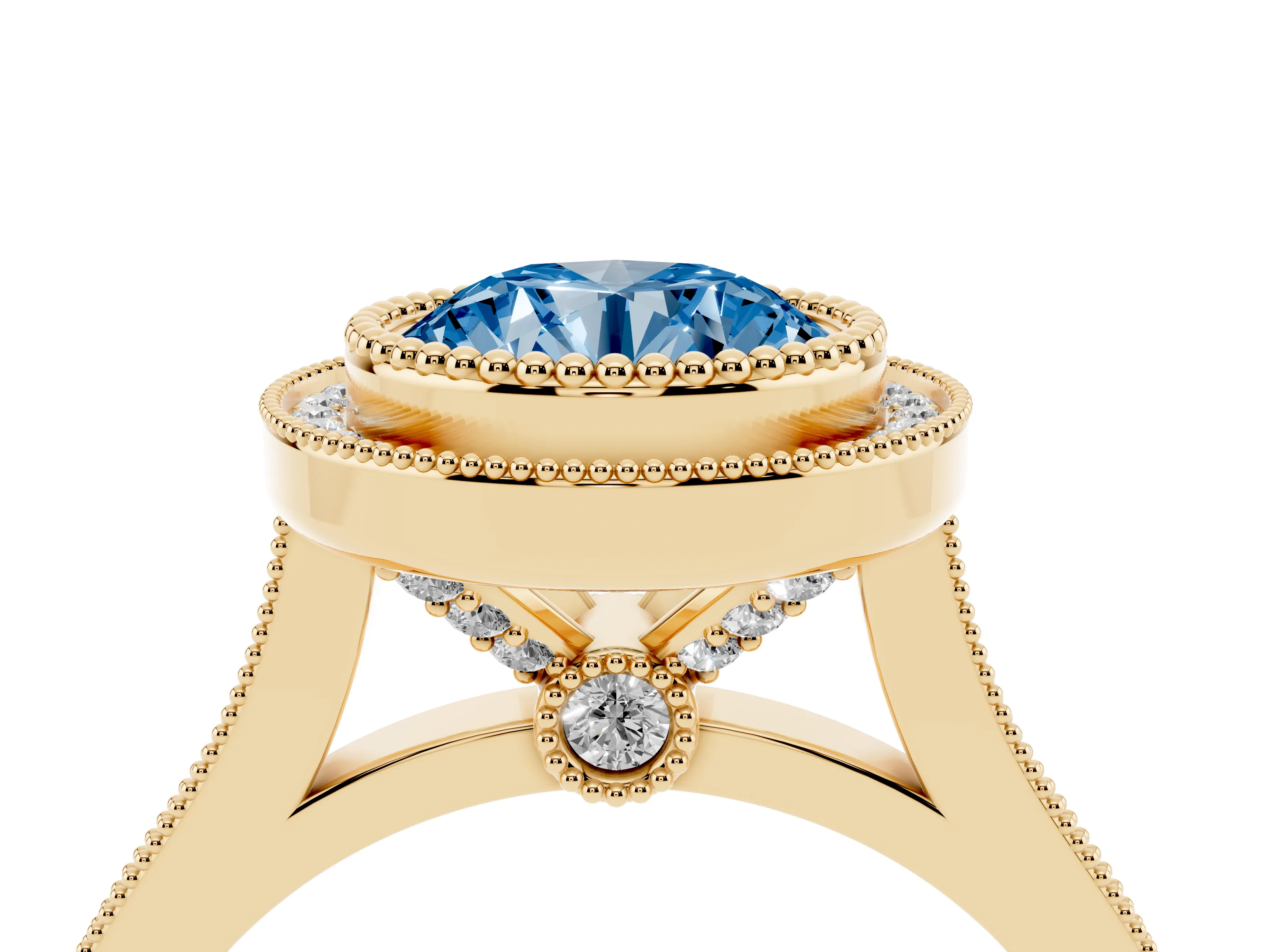 Fancy Blue Round Cut Diamond Halo Ring Set in Yellow gold with Milgrain Frame and Pavé Band