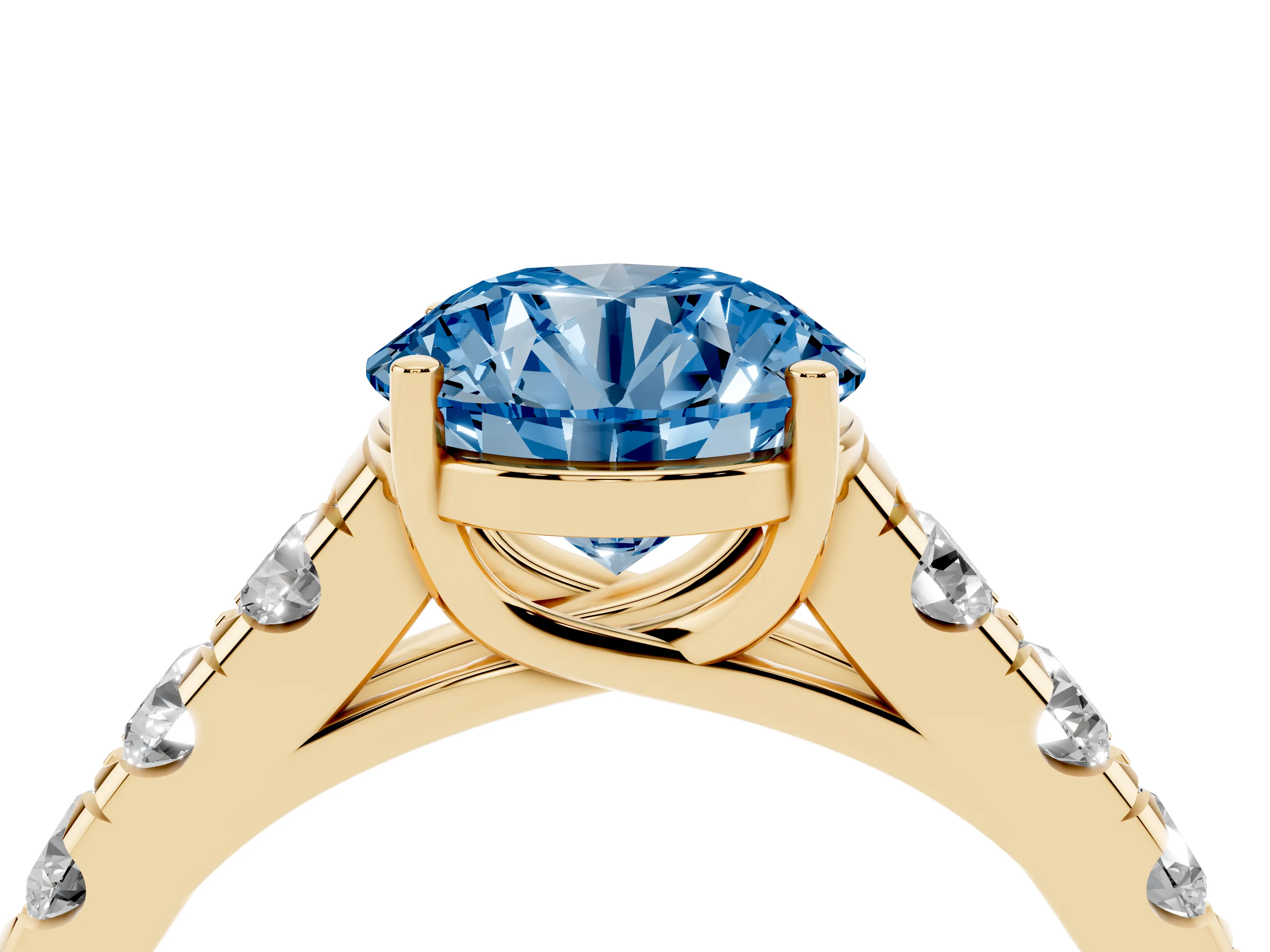 Fancy Blue Round Cut Diamond Solitaire Ring Set in Yellow gold with Cut-Down Micro Pavé Band and Prong Setting