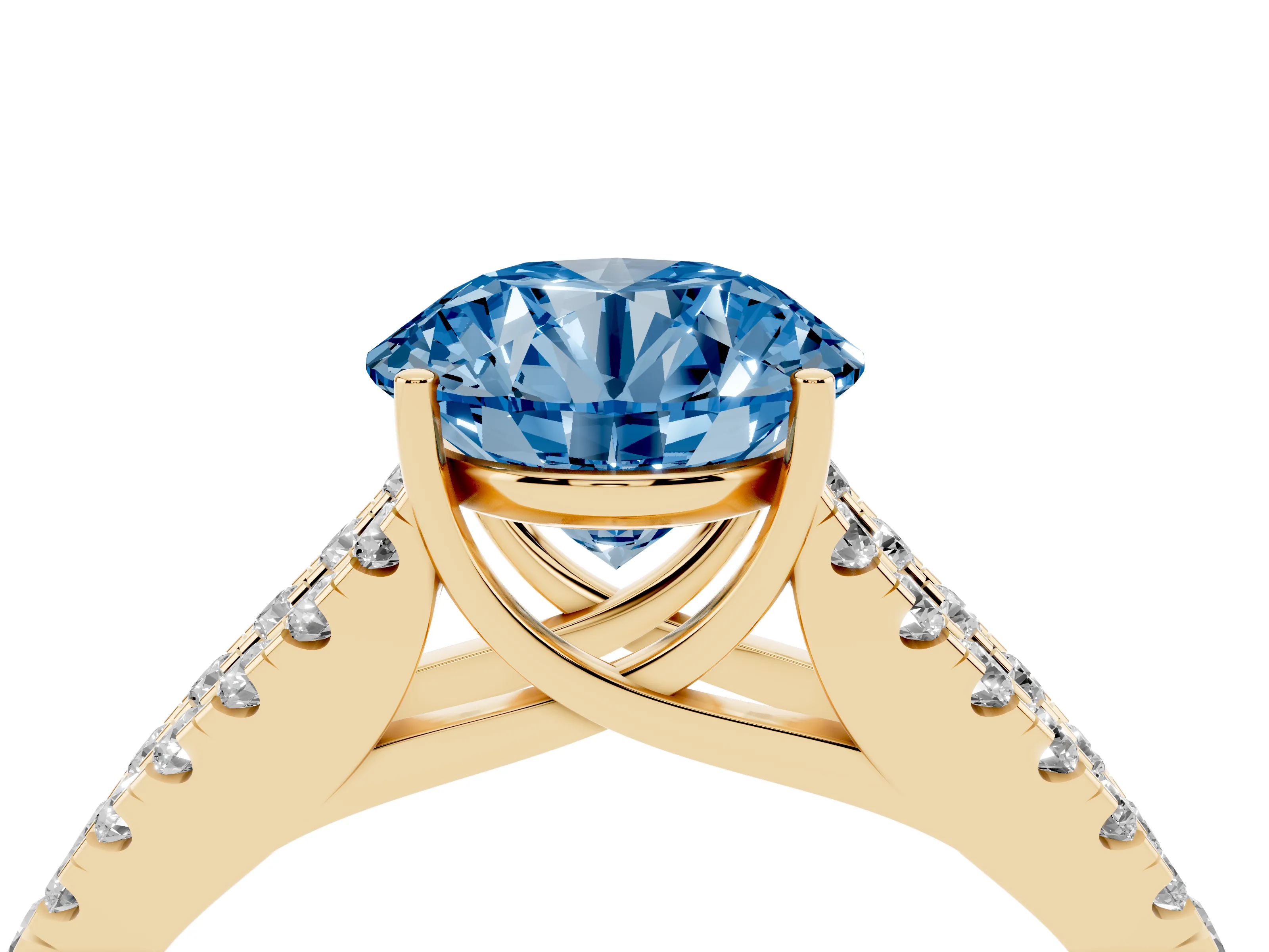 Fancy Blue Round Cut Diamond Split Shank Pavé Engagement Ring Set in Yellow gold with Prong-Held Center Stone