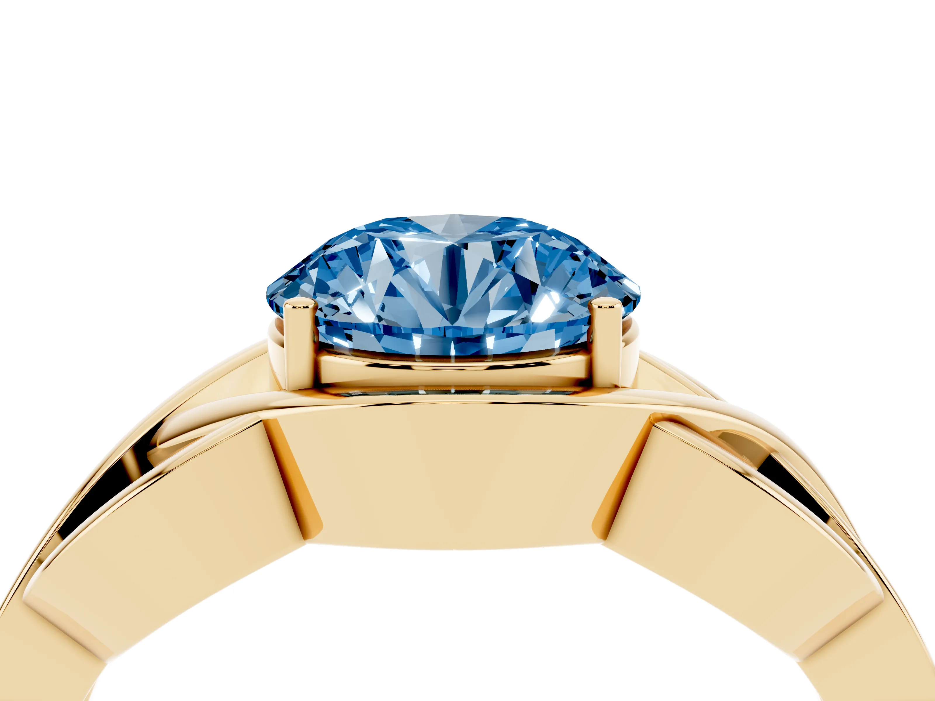 Fancy Blue Round Cut Diamond Solitaire Ring Set in Yellow gold with Intertwined Band