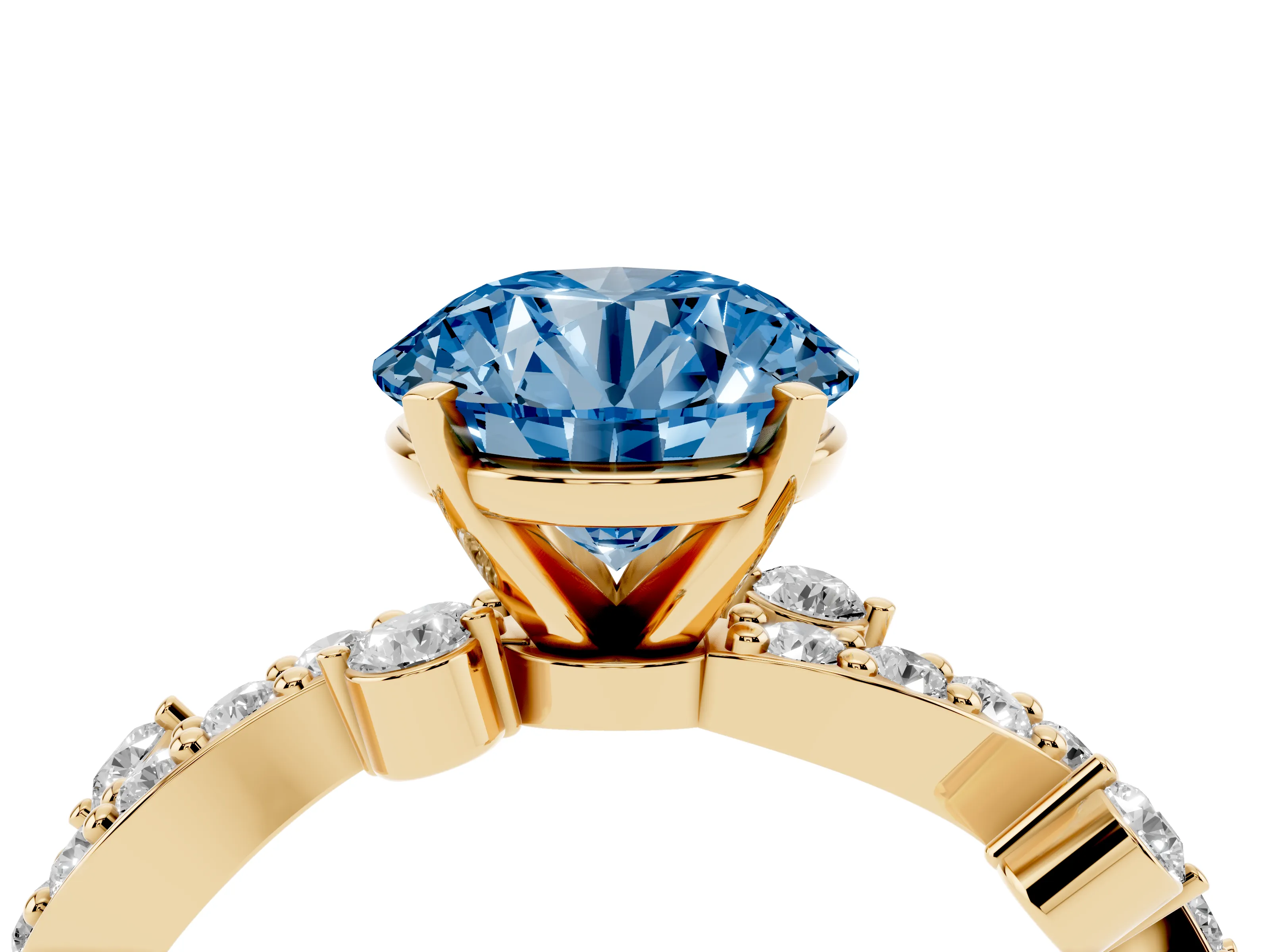 Fancy Blue Round Cut Diamond Solitaire Twisted Band Set in Yellow gold with Pavé Setting
