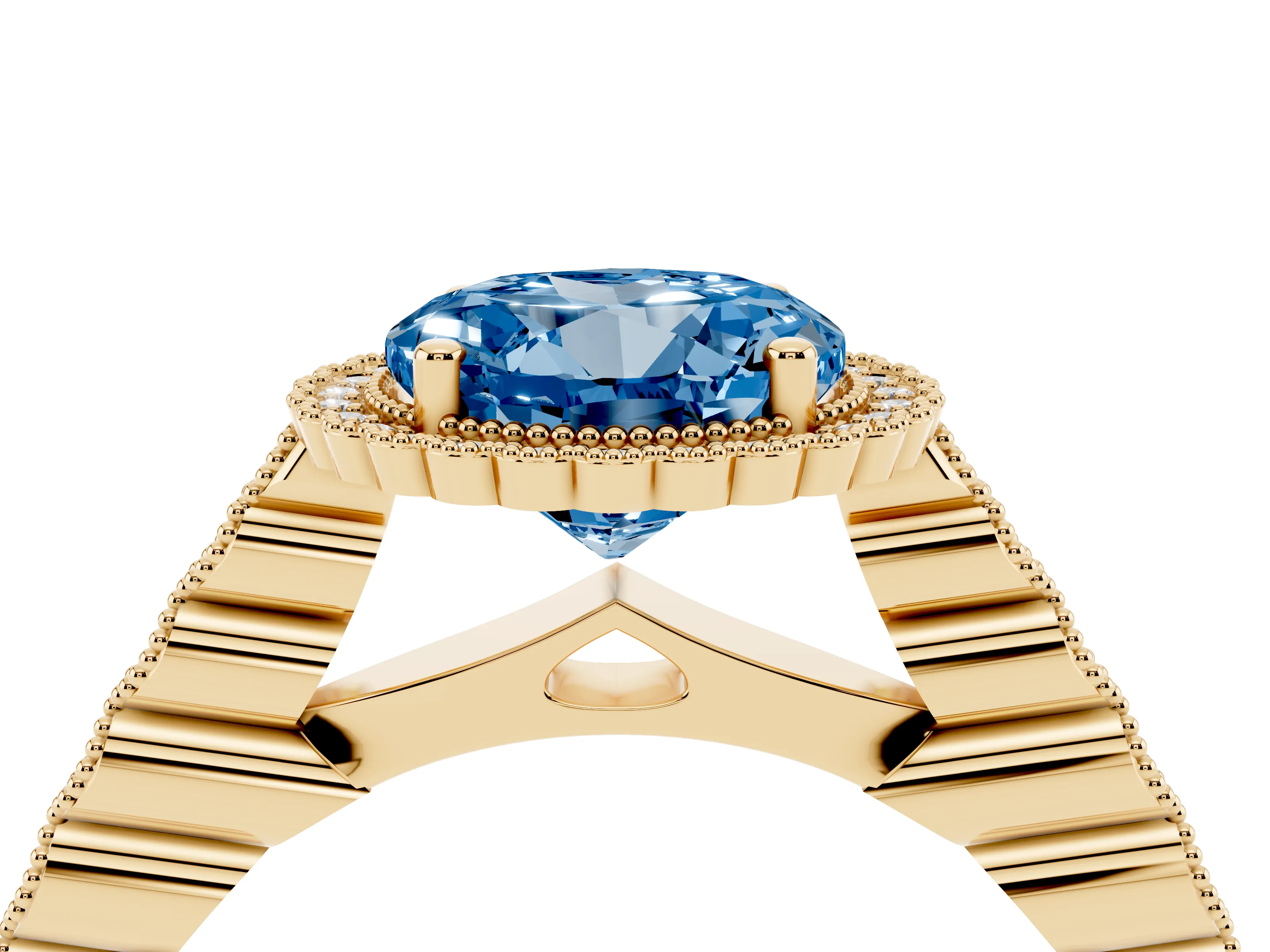 Fancy Blue Round Cut Diamond Halo Ring Set in Yellow gold with Pavé Milgrain Band