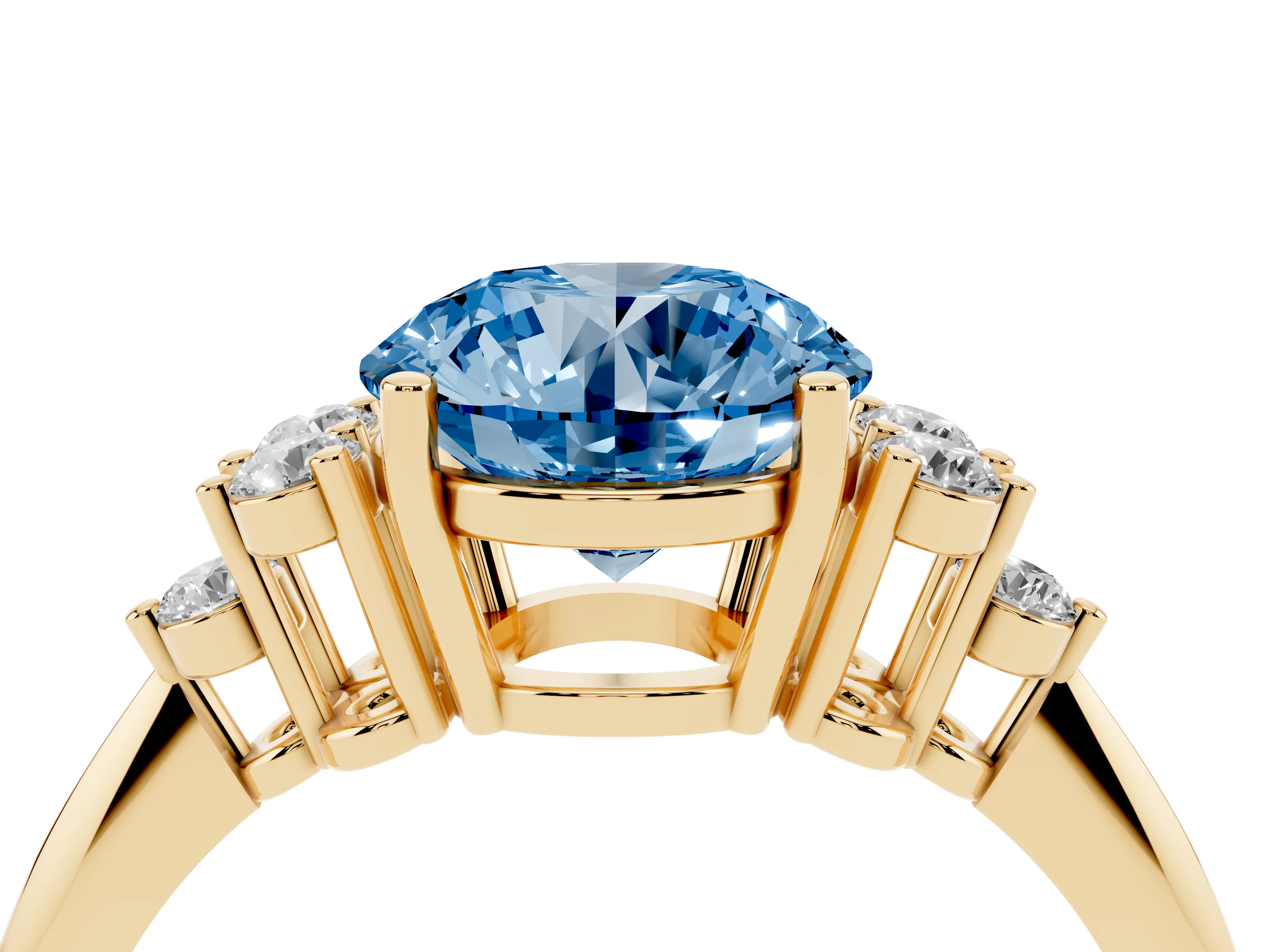 Fancy Blue Round Cut Diamond Cluster Ring Set in Yellow gold with Plain Band and Prong Setting
