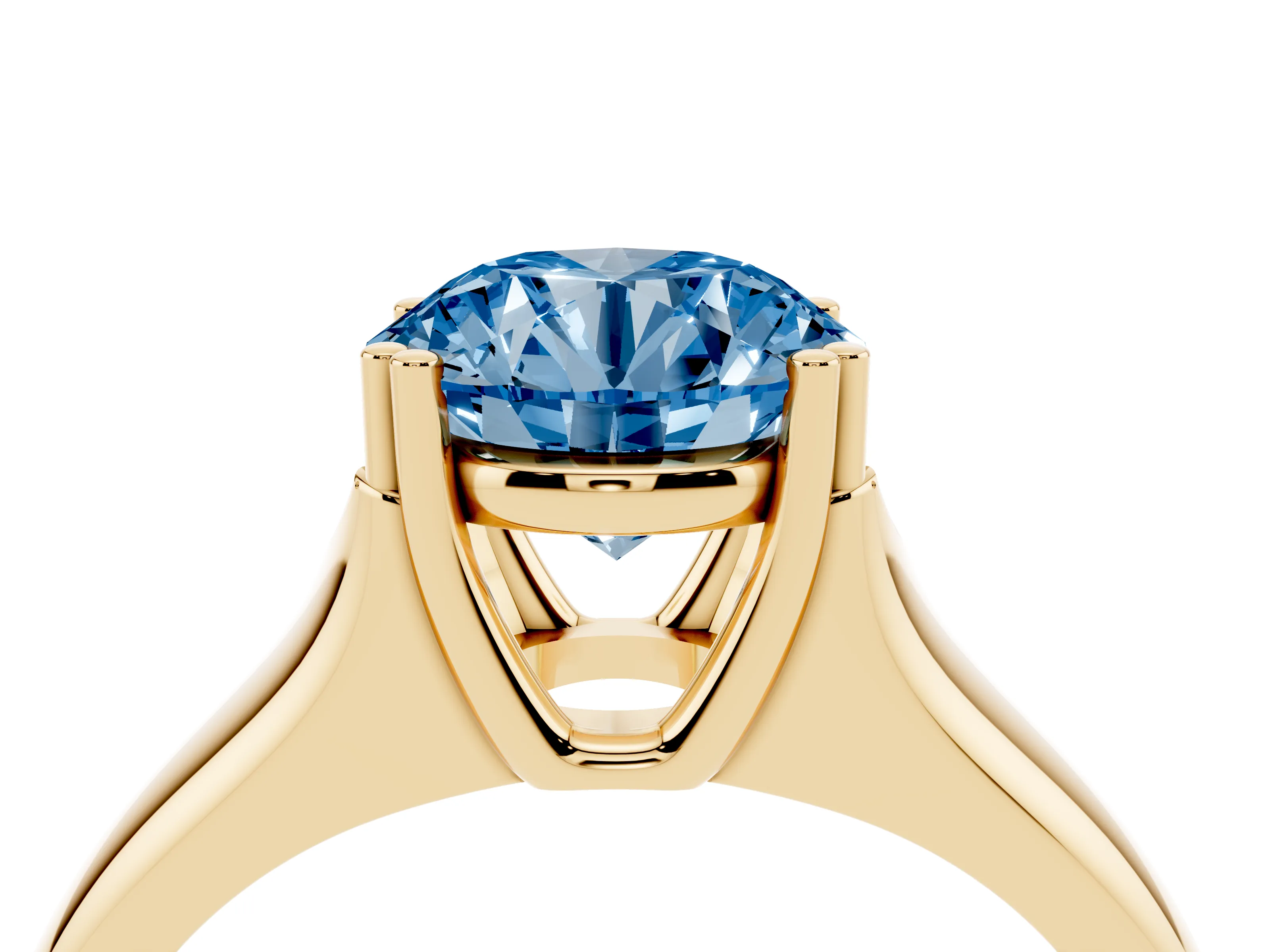 Fancy Blue Round Cut Diamond Solitaire Ring Set in Yellow gold with Wide Band and Prong Setting