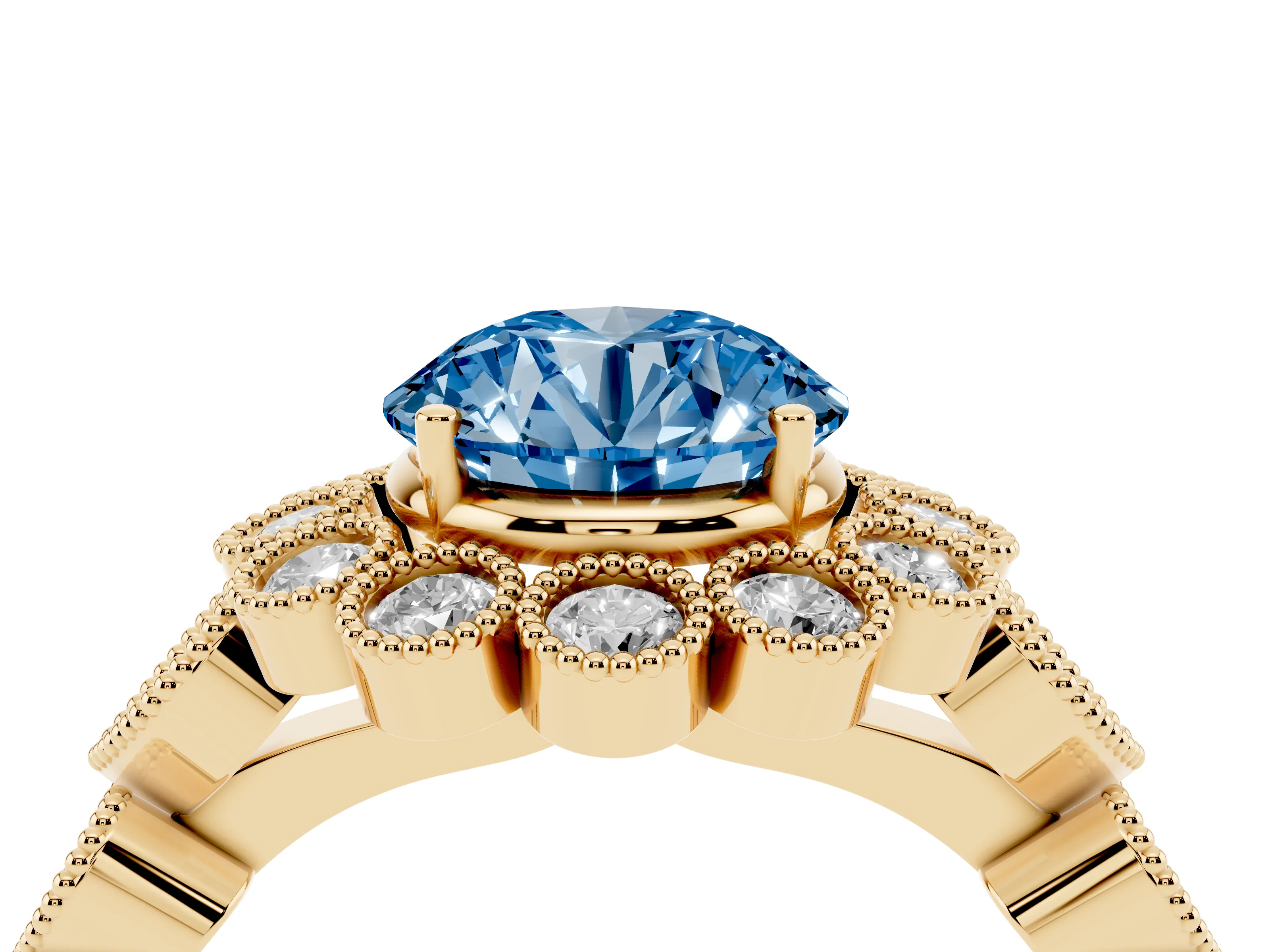 Fancy Blue Round Cut Diamond Solitaire Ring Set in Yellow gold with Milgrain Pavé Heart Band