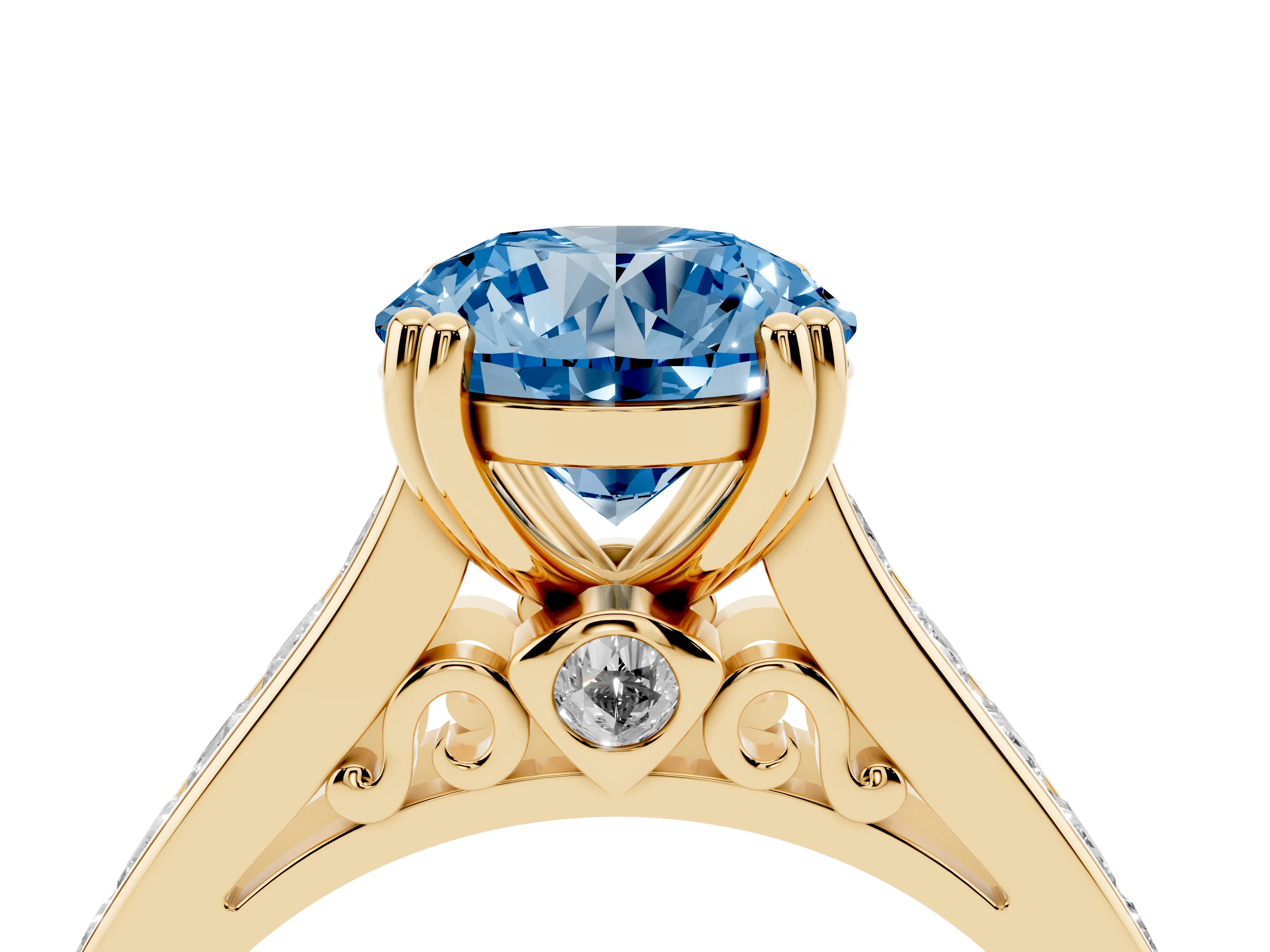 Fancy Blue Round Cut Diamond Channel Set Solitaire Engagement Ring Set in Yellow gold with Prong Setting