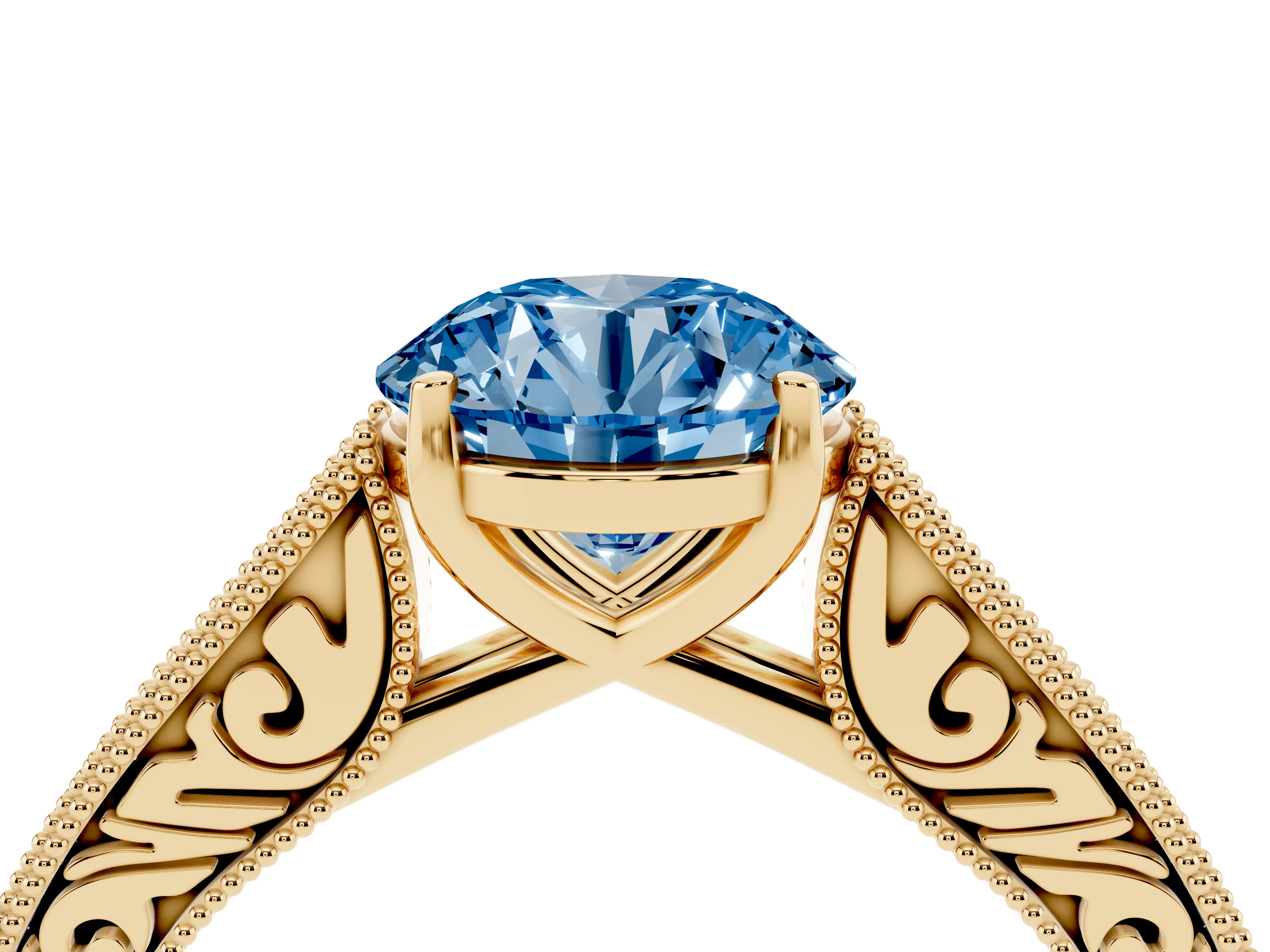 Fancy Blue Round Cut Diamond Milgrain Pavé Band Solitaire Ring Set in Yellow gold with Prong Setting