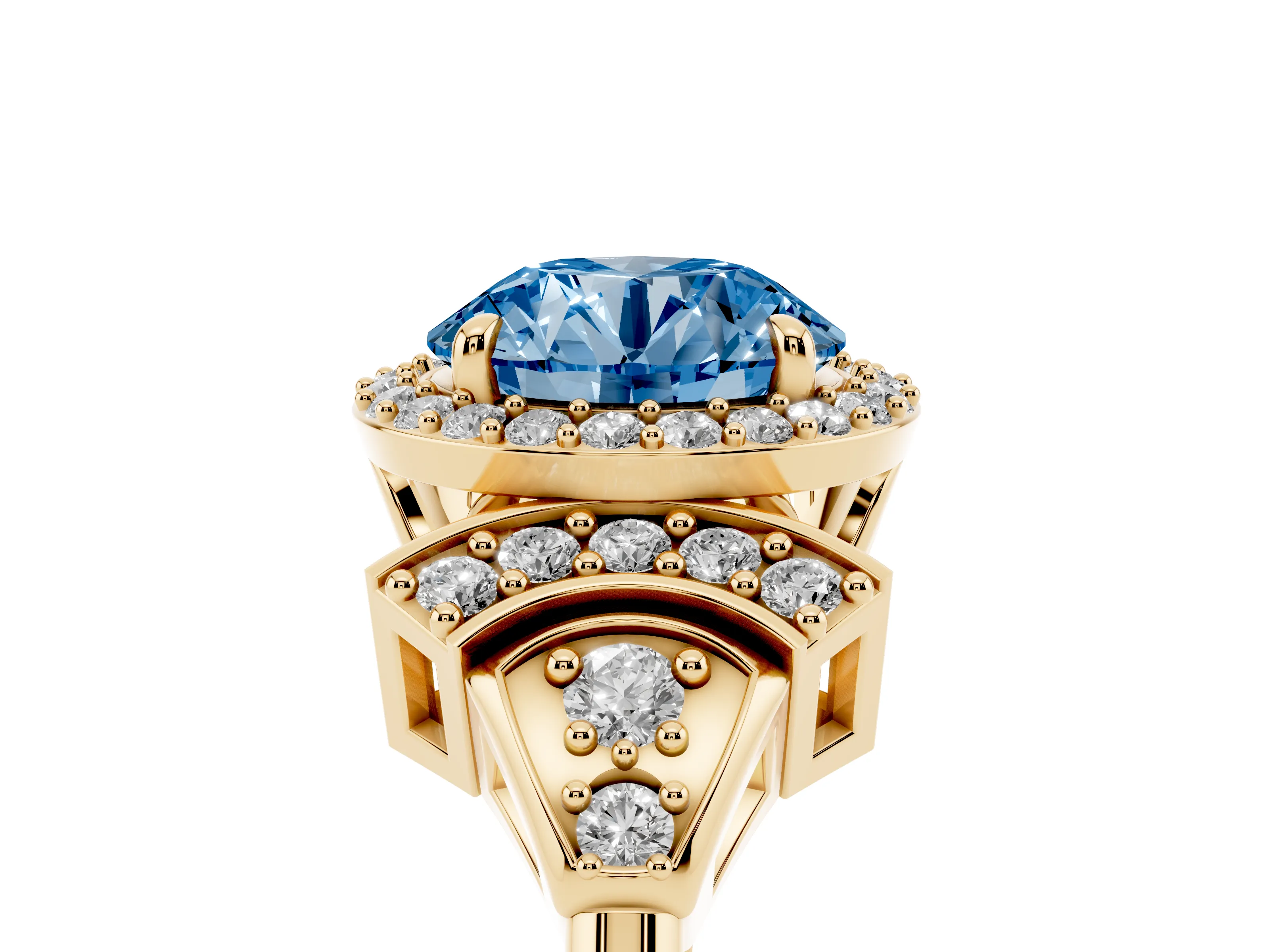 Fancy Blue Round Cut Diamond Halo Engagement Ring Set in Yellow gold with Accent Stone Split Shank