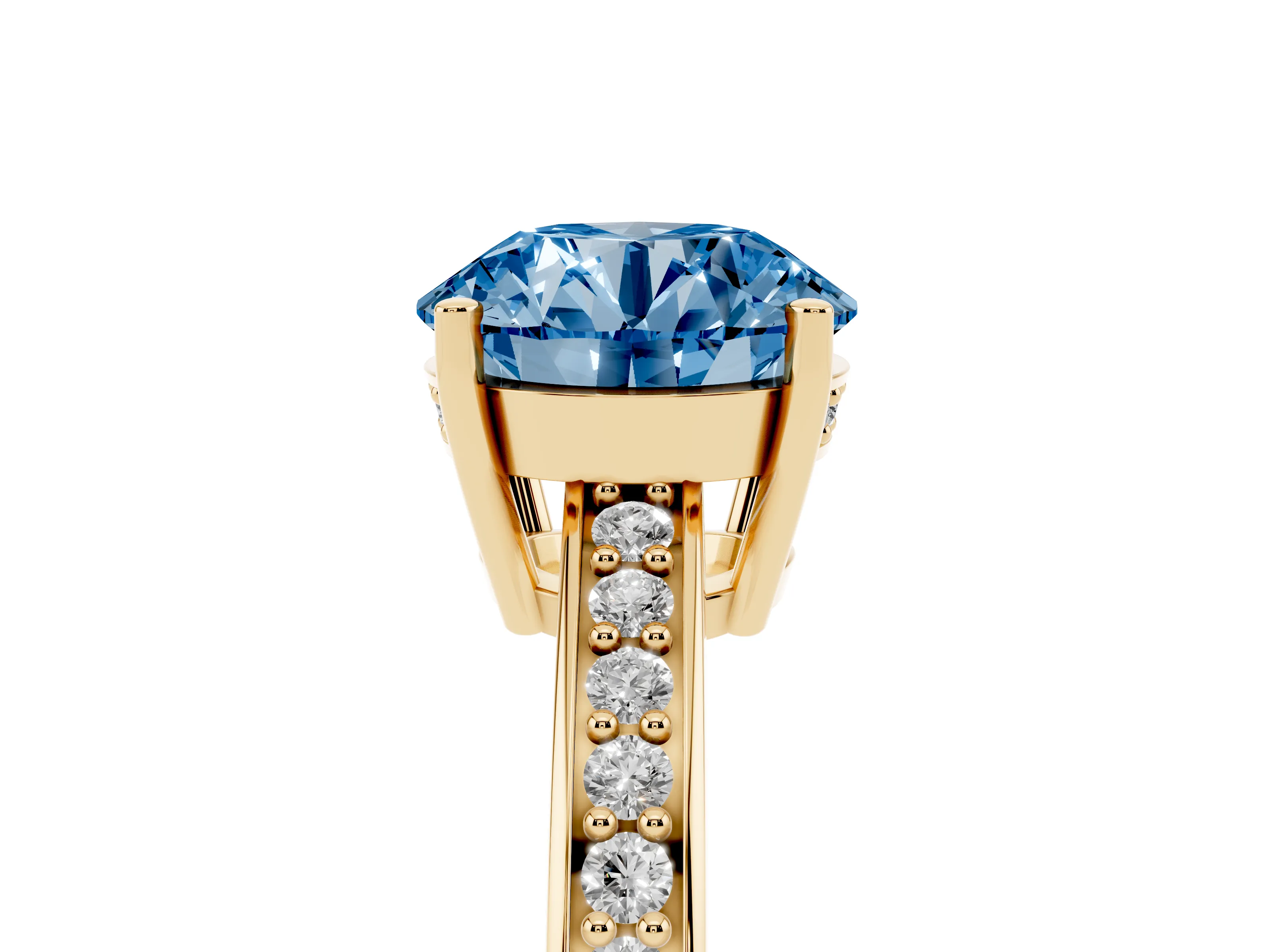 Fancy Blue Round Cut Diamond Pavé Band Prong Set Solitaire Ring Set in Yellow gold