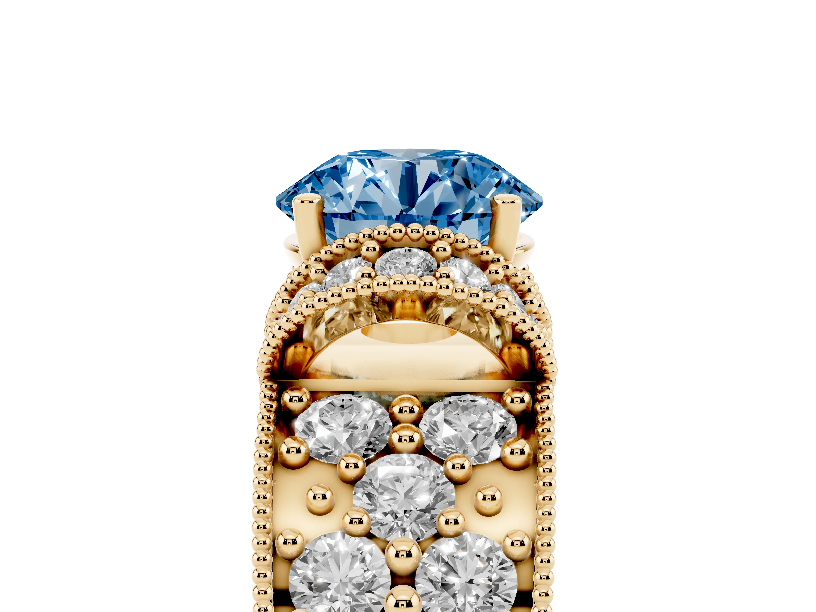 Fancy Blue Round Cut Diamond Milgrain Halo Pavé Engagement Ring Set in Yellow gold with Prong Setting