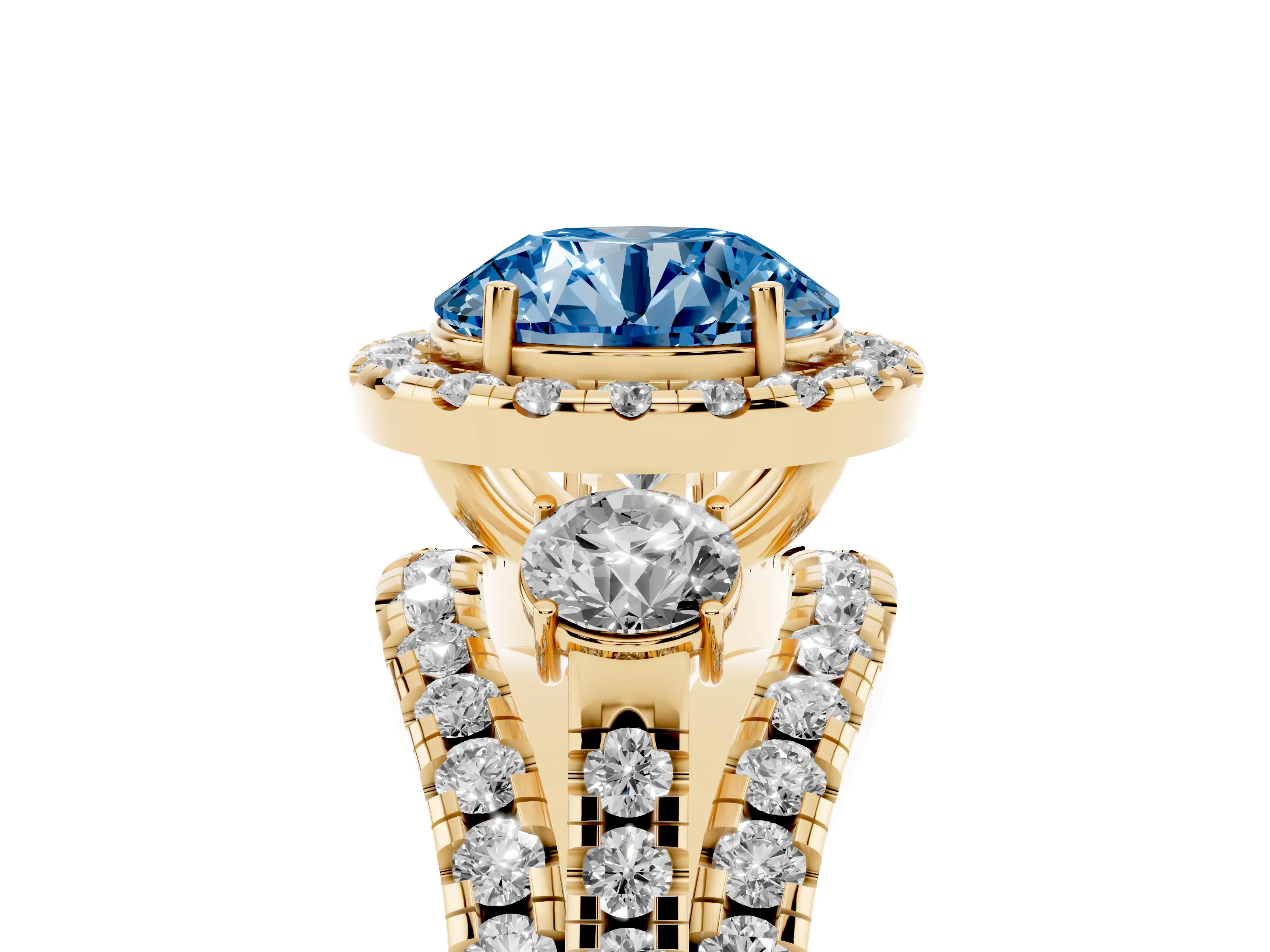 Fancy Blue Round Cut Diamond Halo Split Shank Ring Set in Yellow gold with Round Accent Stones and Prong Setting