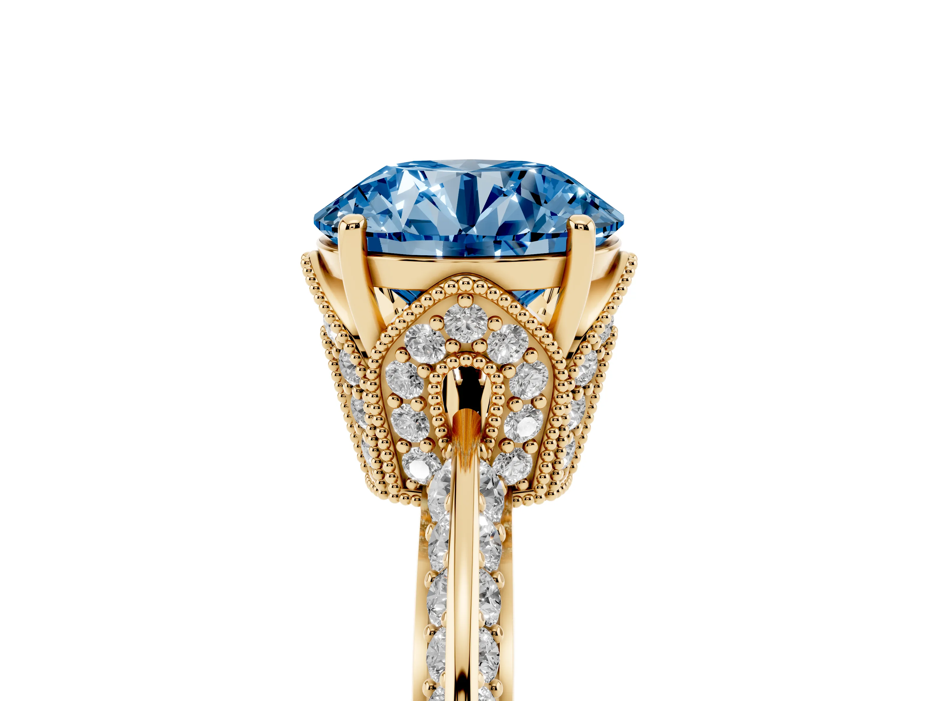 Fancy Blue Round Cut Diamond Solitaire Engagement Ring Set in Yellow gold with Pavé Split Shank and Prong Setting