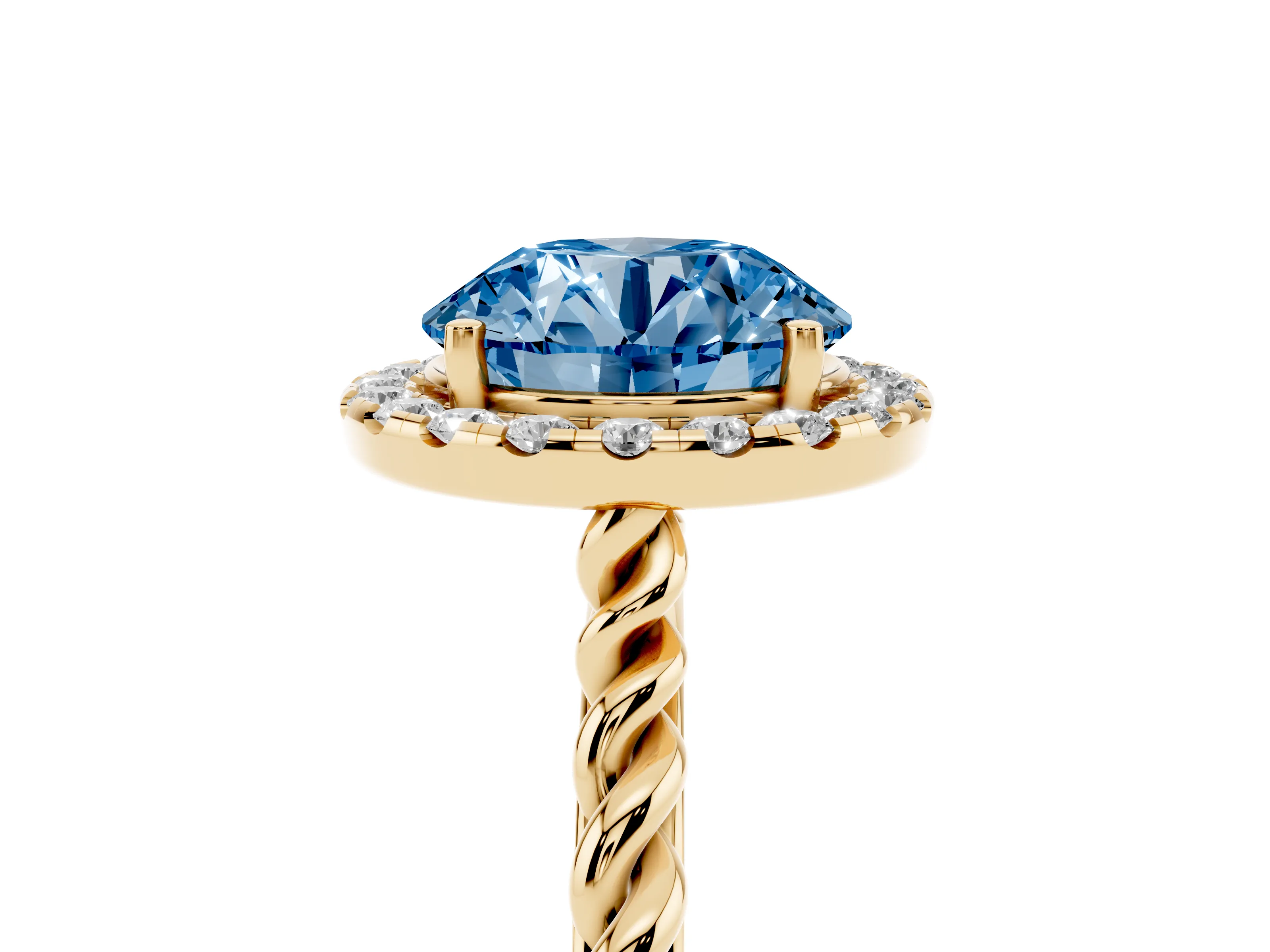 Fancy Blue Round Cut Diamond Halo Ring Set in Yellow gold with Plain Twisted Band