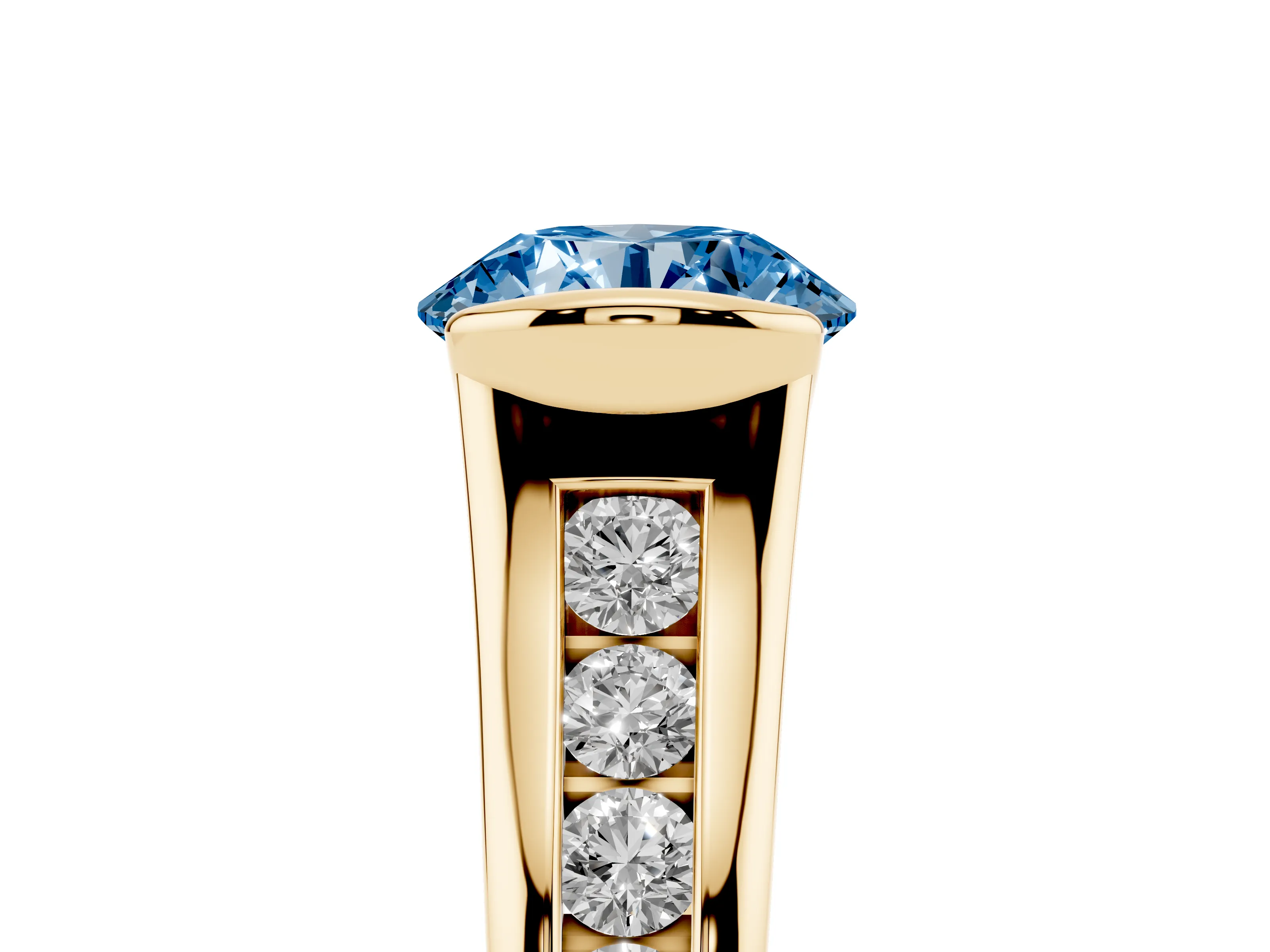 Fancy Blue Round Cut Diamond Bezel-Set Solitaire Ring Set in Yellow gold with Channel-Set Band