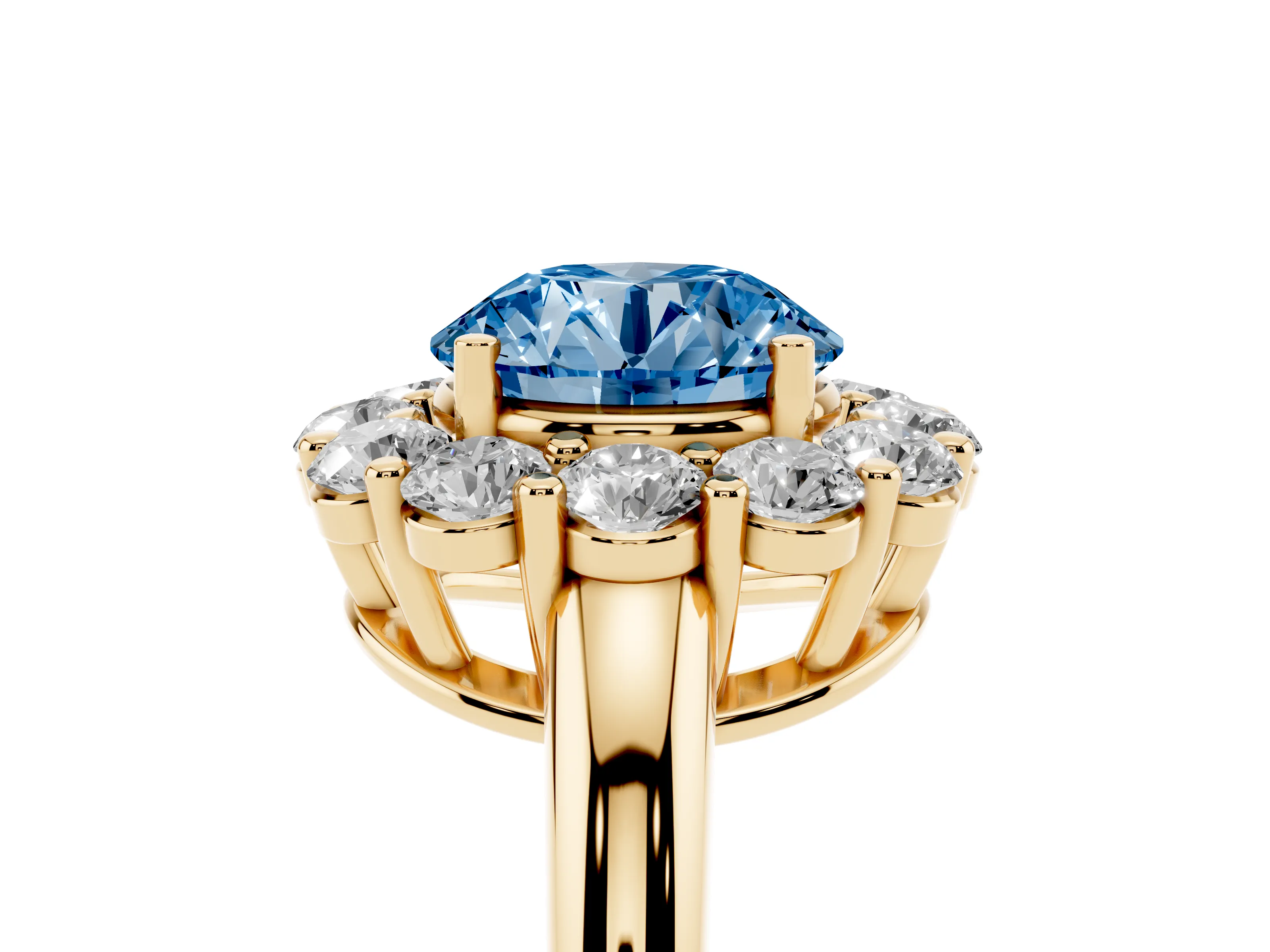 Fancy Blue Round Cut Diamond Halo Cluster Engagement Ring Set in Yellow gold with Polished Band and Prong Setting