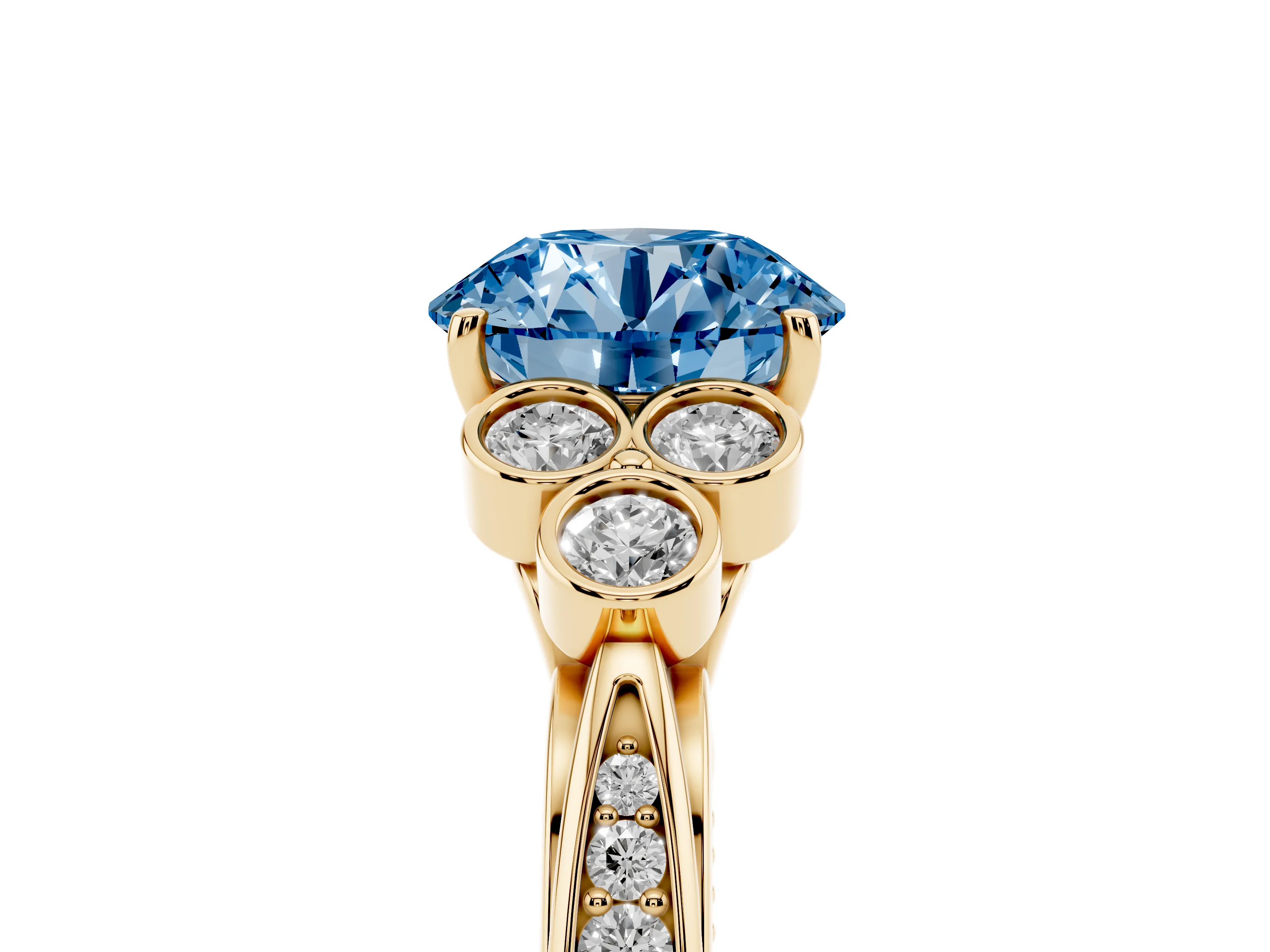 Fancy Blue Round Cut Diamond Engagement Ring Set in Yellow gold with Bezel Set Round Side Stones and Prong Setting