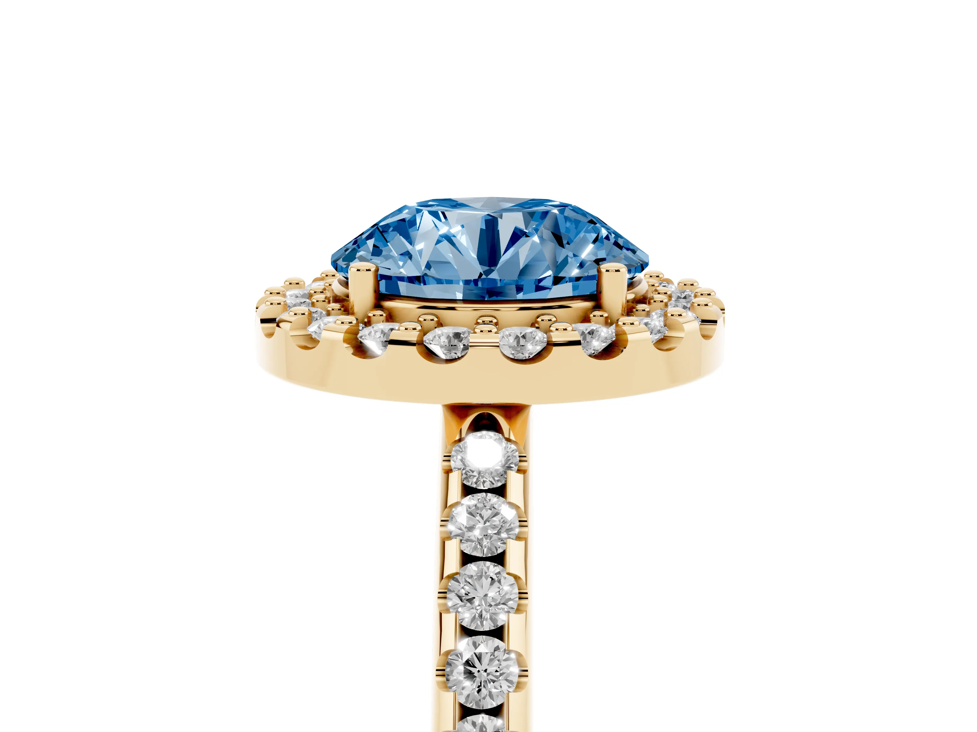 Fancy Blue Round Cut Diamond Pavé Halo Ring Set in Yellow gold with Prong Setting