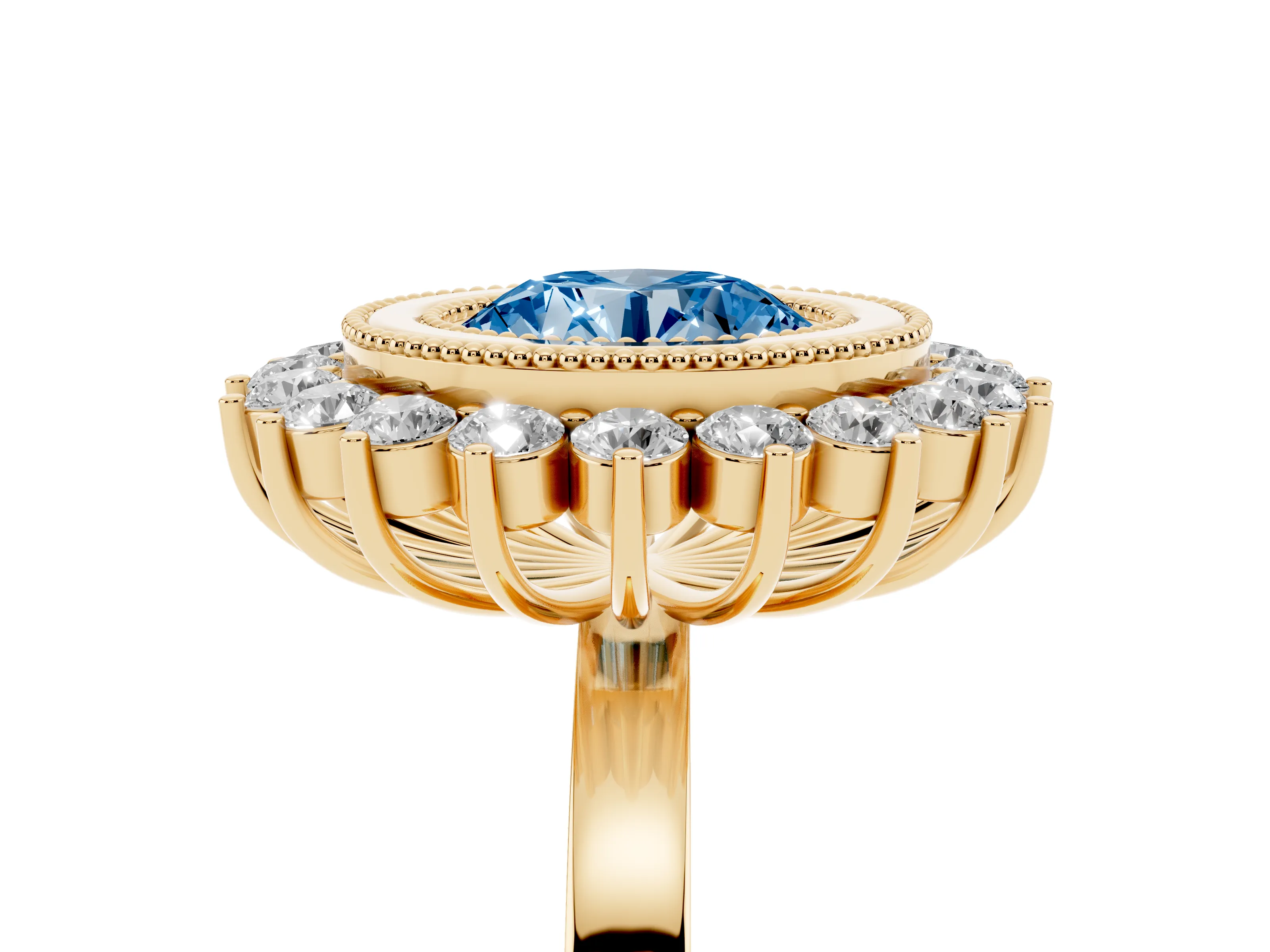 Fancy Blue Round Cut Diamond Halo Ring Set in Yellow gold with Milgrain Edge and Round Prong Setting