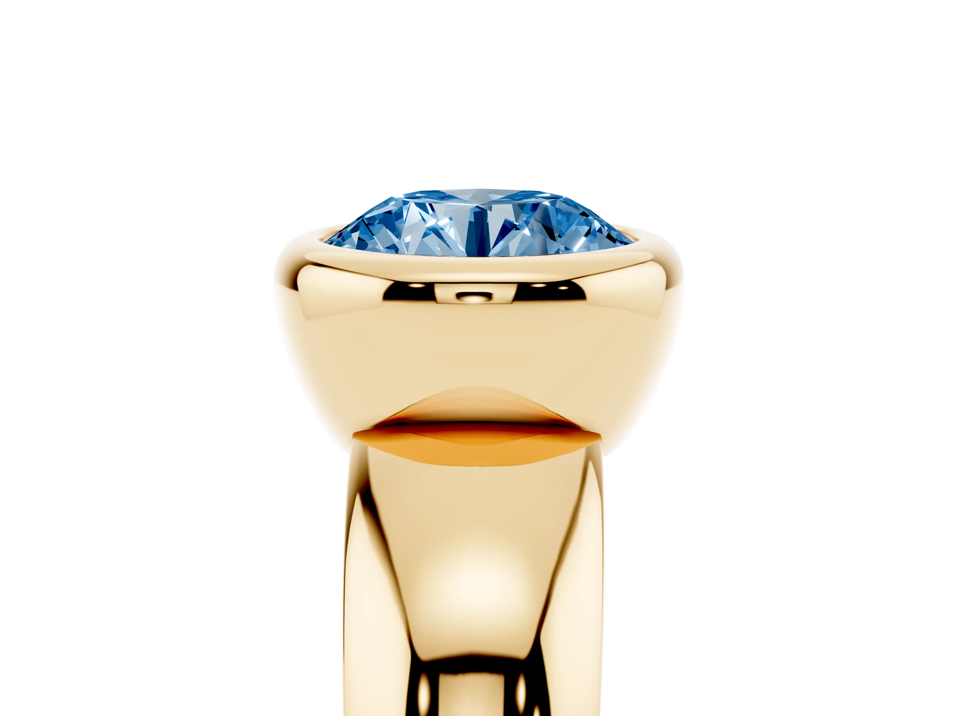 Fancy Blue Bezel Set Round Cut Diamond Solitaire Ring Set in Yellow gold with Wide Band