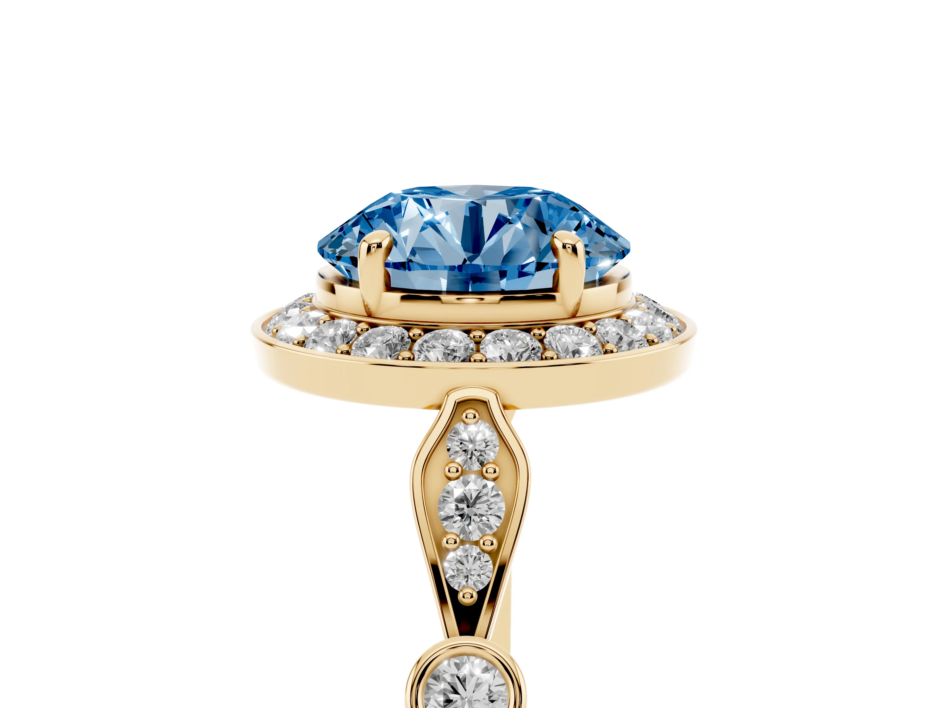 Fancy Blue Round Cut Diamond Halo Engagement Ring Set in Yellow gold with Twisted Band and Prong Setting