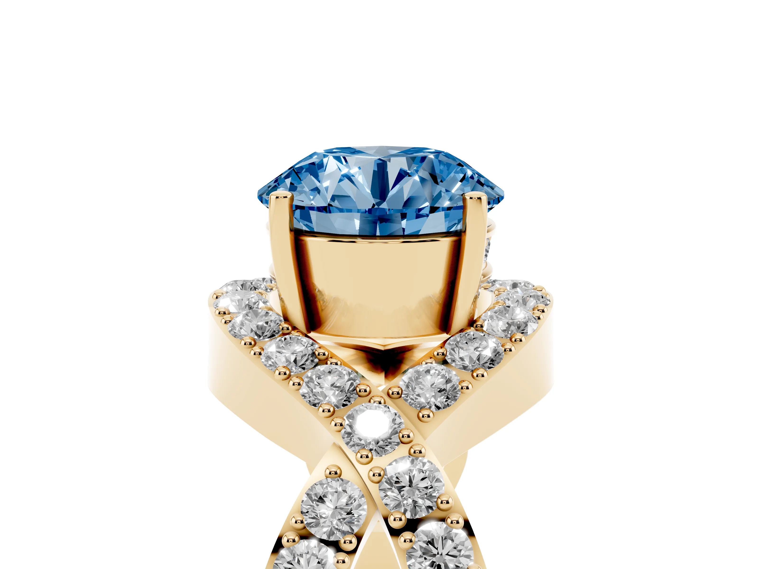 Fancy Blue Round Cut Diamond Solitaire Twist Band Pavé Engagement Ring Set in Yellow gold