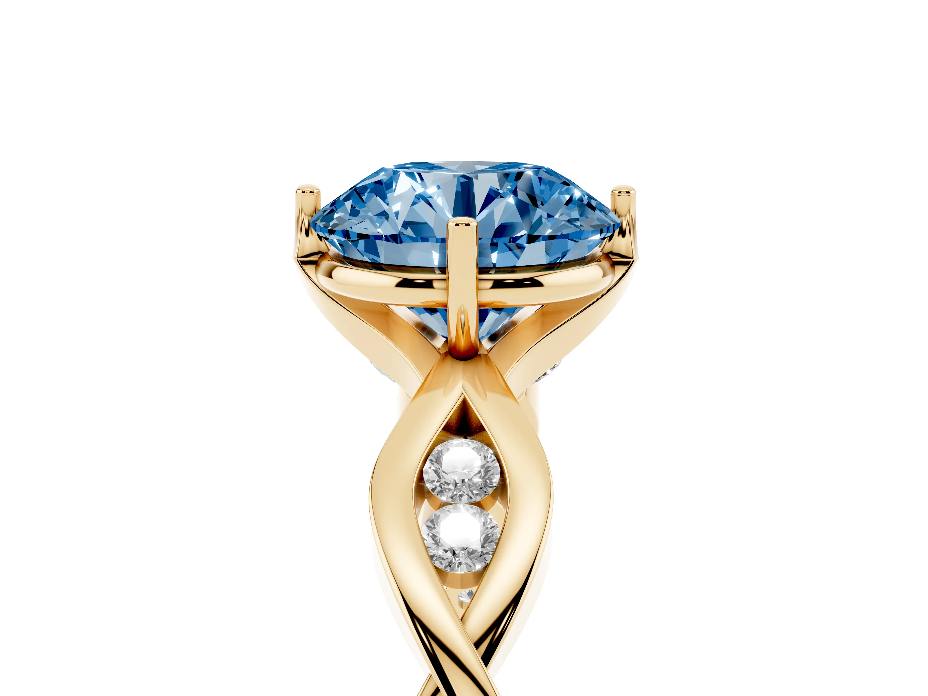 Fancy Blue Round Cut Diamond Twist Band Solitaire Ring Set in Yellow gold with Leaf Prong Setting and Accent Stones
