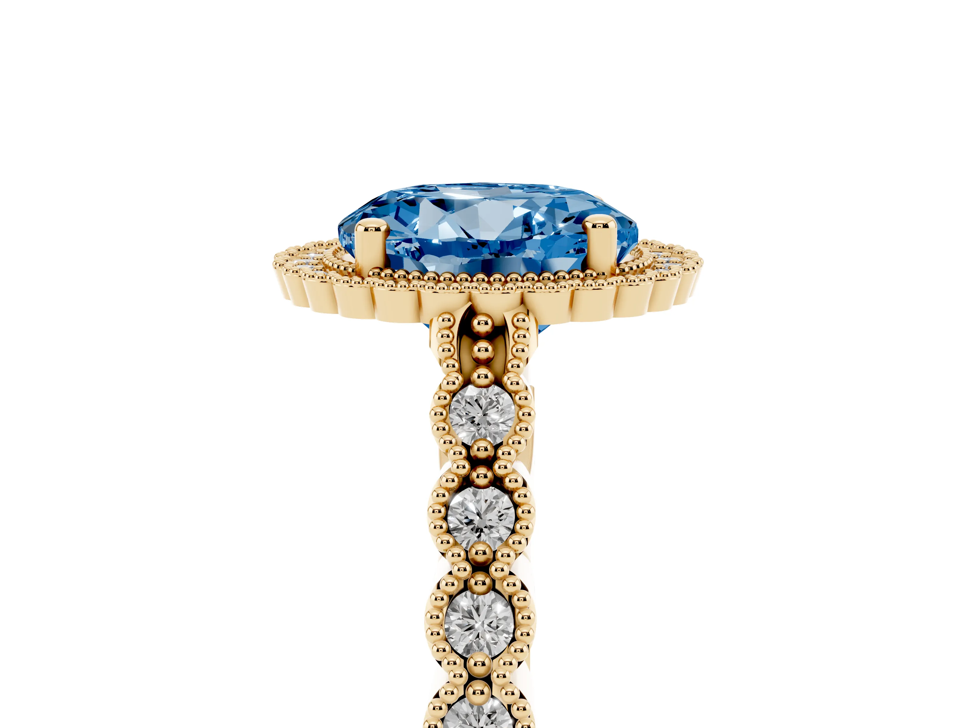Fancy Blue Round Cut Diamond Halo Ring Set in Yellow gold with Pavé Milgrain Band