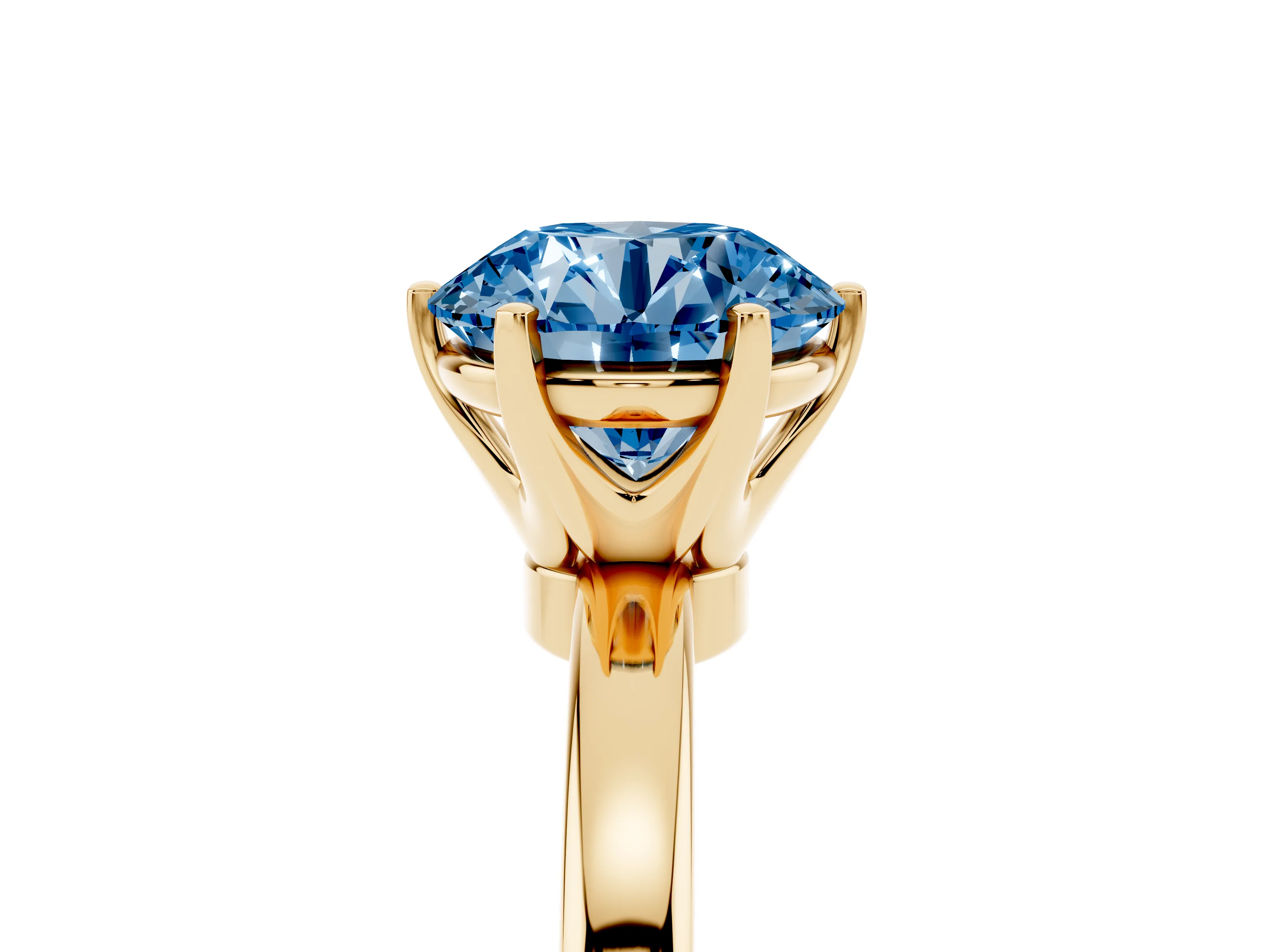 Fancy Blue Round Cut Diamond Solitaire Ring Set in Yellow gold with Raised Prong Setting on a Classic Band