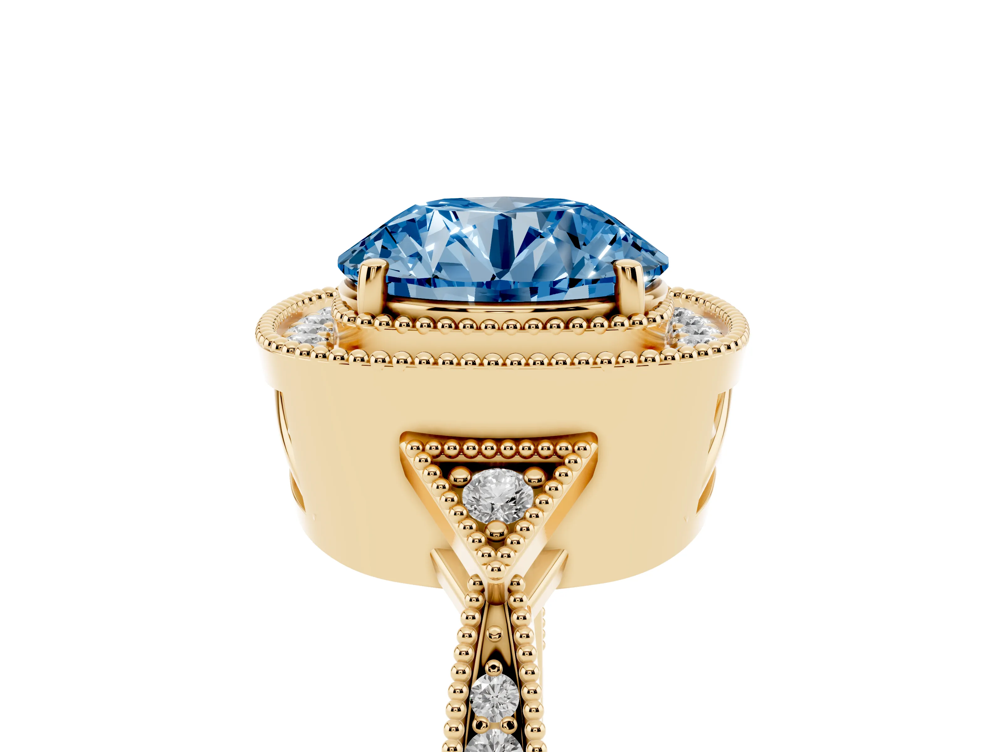 Fancy Blue Round Cut Diamond Halo Engagement Ring Set in Yellow gold with Milgrain Pavé Band